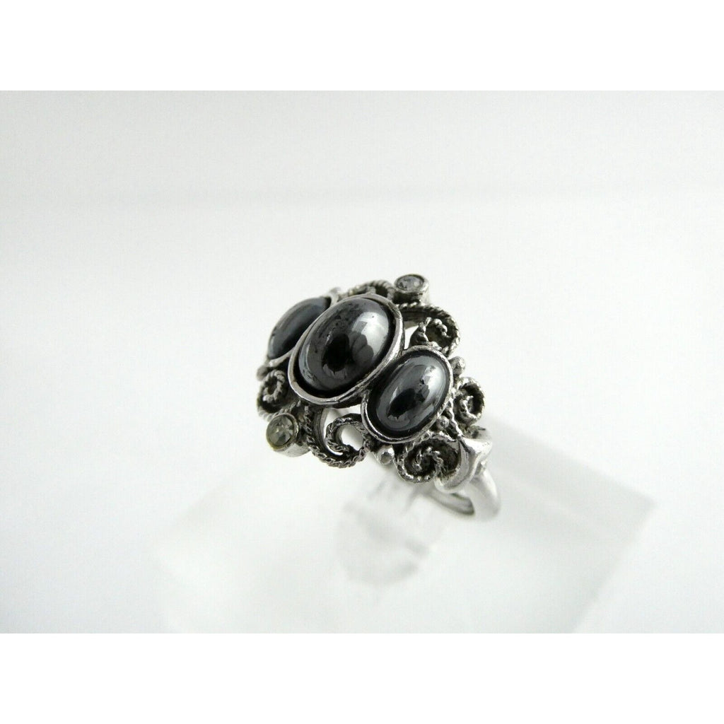 Avon Silvertone Metal and Hematite Ring Adjustable Size 4.5g Weight
