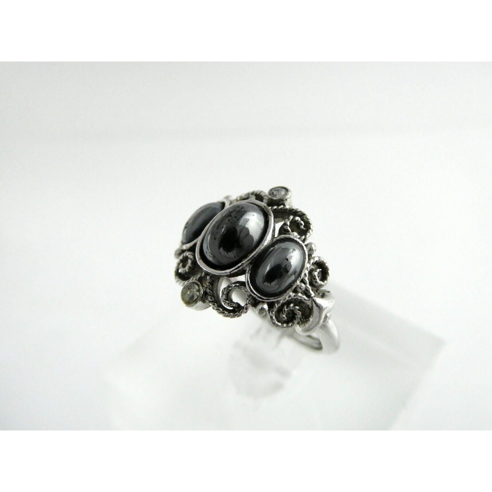 Avon Silvertone Metal and Hematite Ring Adjustable Size 4.5g Weight
