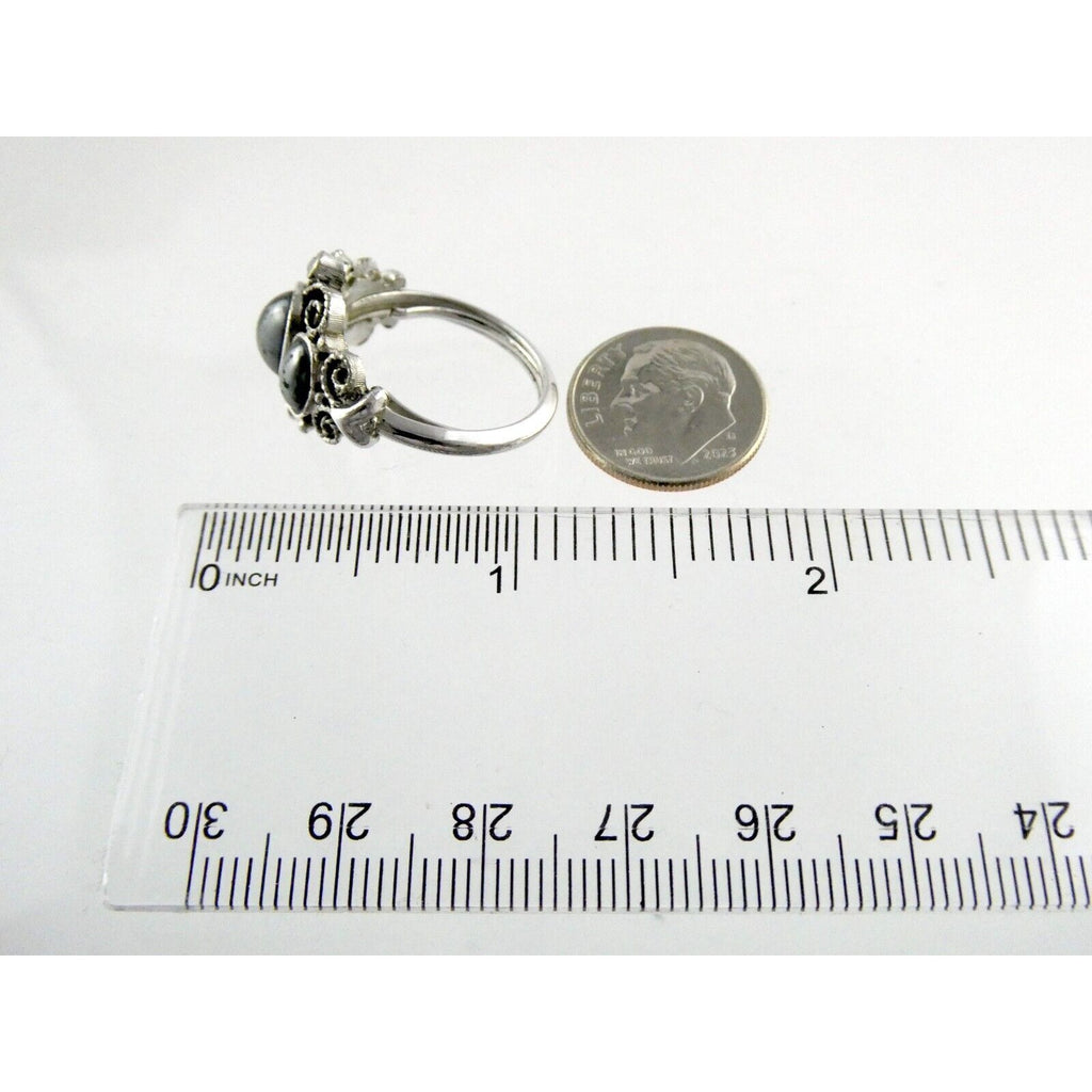 Avon Silvertone Metal and Hematite Ring Adjustable Size 4.5g Weight