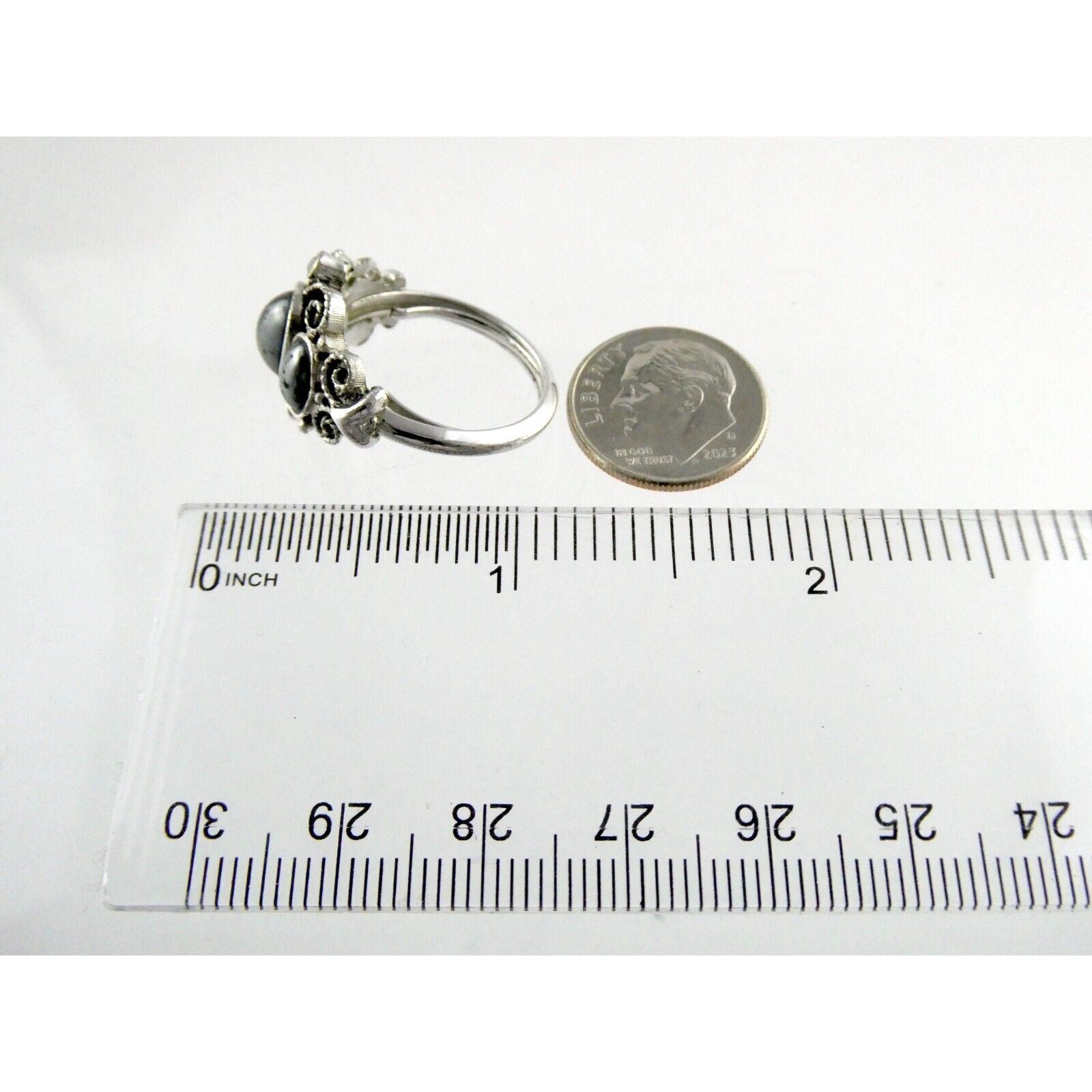 Avon Silvertone Metal and Hematite Ring Adjustable Size 4.5g Weight