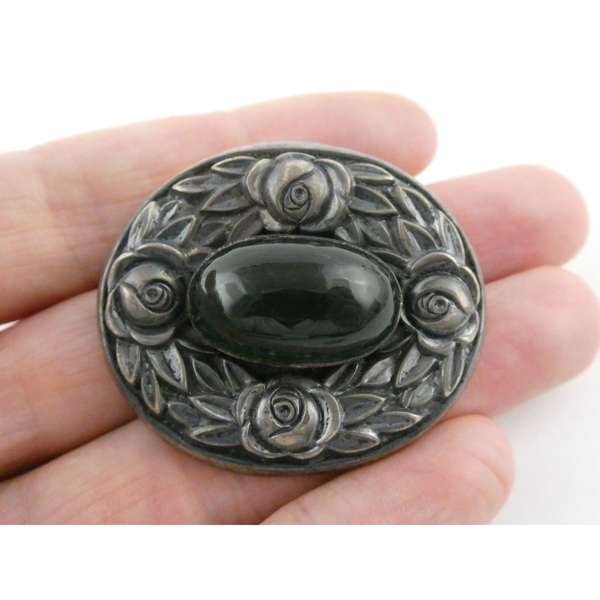 Theodor Fahrner Jugendstil Art Nouveau 935 Silver Rose Border Chrysoprase Brooch