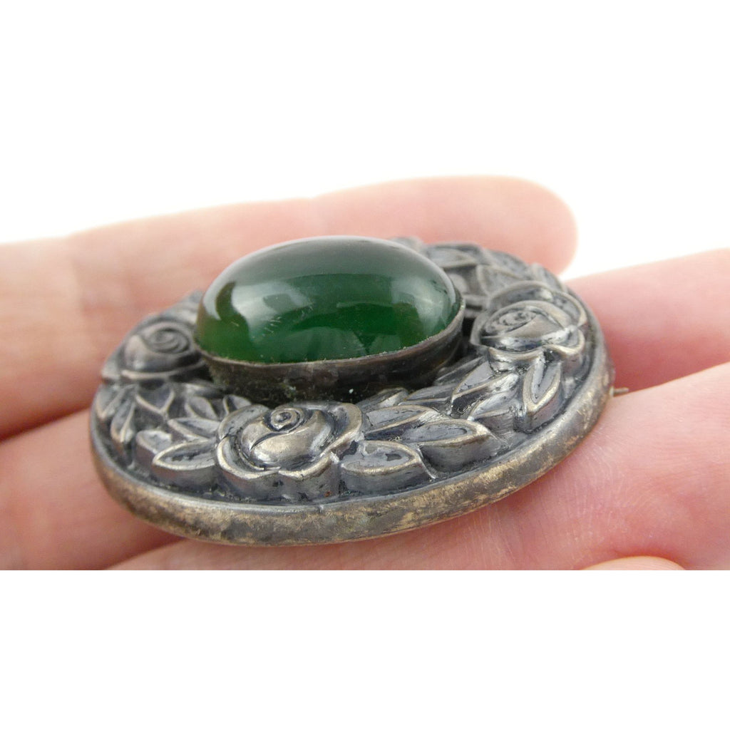 Theodor Fahrner Jugendstil Art Nouveau 935 Silver Rose Border Chrysoprase Brooch