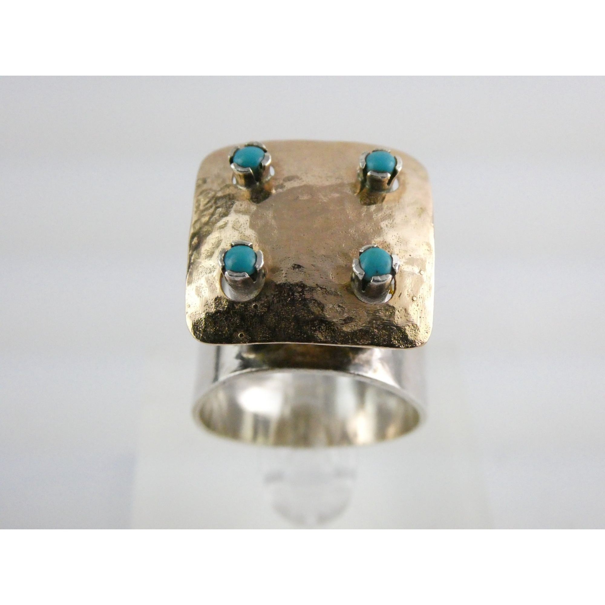 Artisan 14k Yellow Gold Sterling Silver Four Turquoise Statement Ring Size 9.75