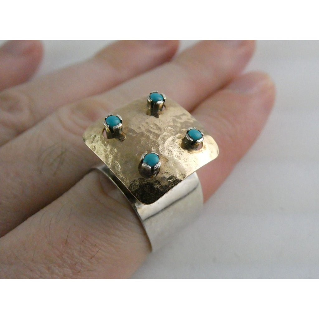 Artisan 14k Yellow Gold Sterling Silver Four Turquoise Statement Ring Size 9.75