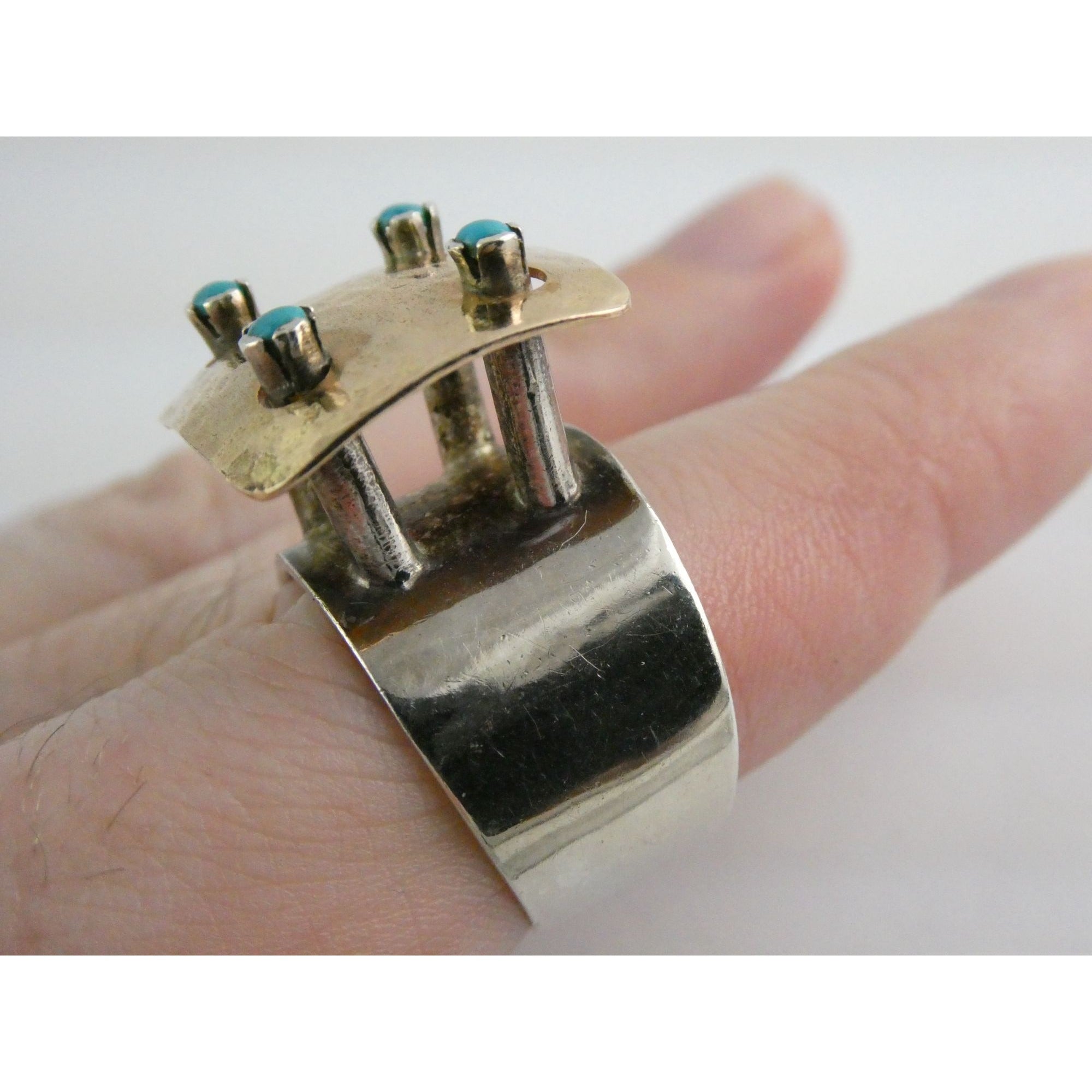 Artisan 14k Yellow Gold Sterling Silver Four Turquoise Statement Ring Size 9.75