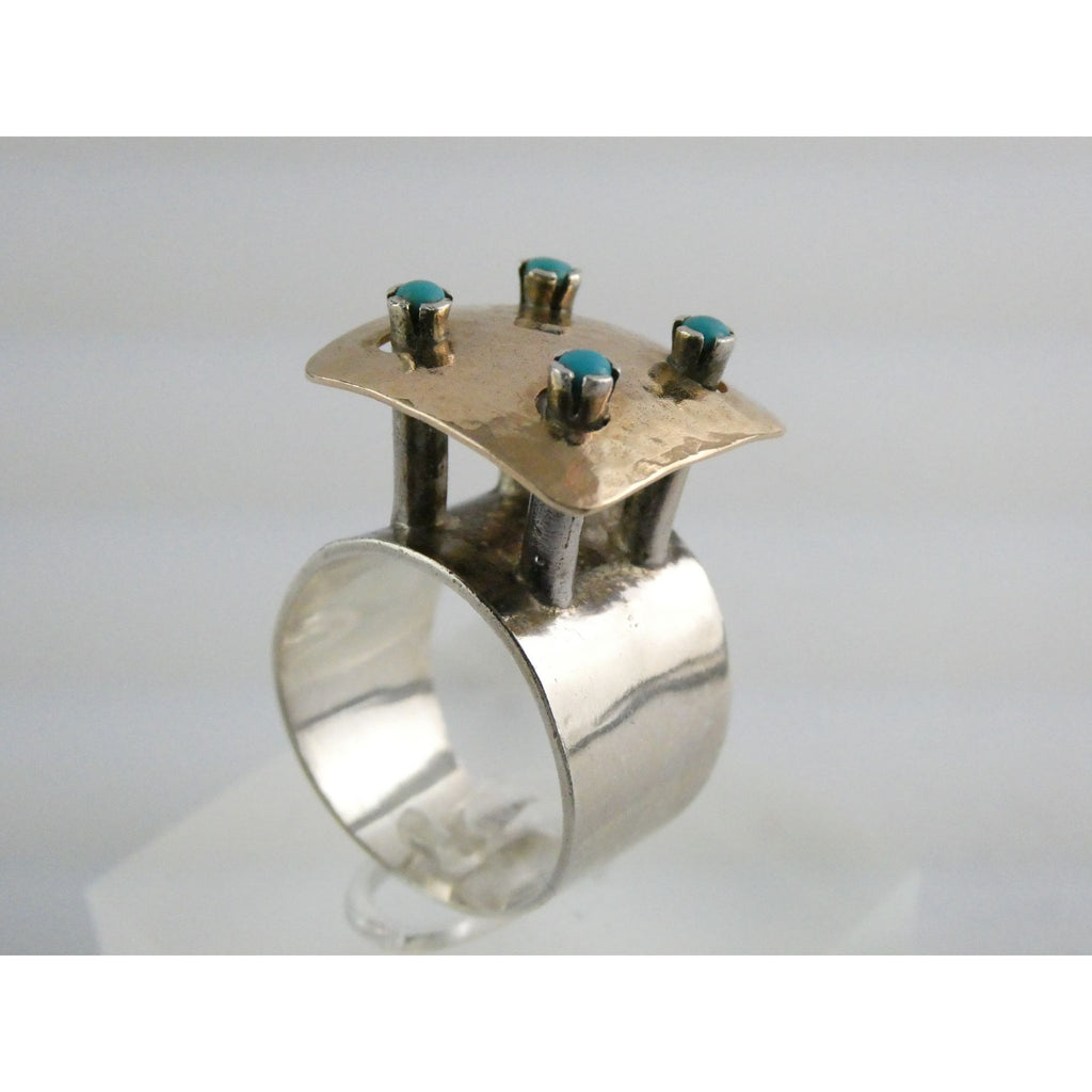 Artisan 14k Yellow Gold Sterling Silver Four Turquoise Statement Ring Size 9.75
