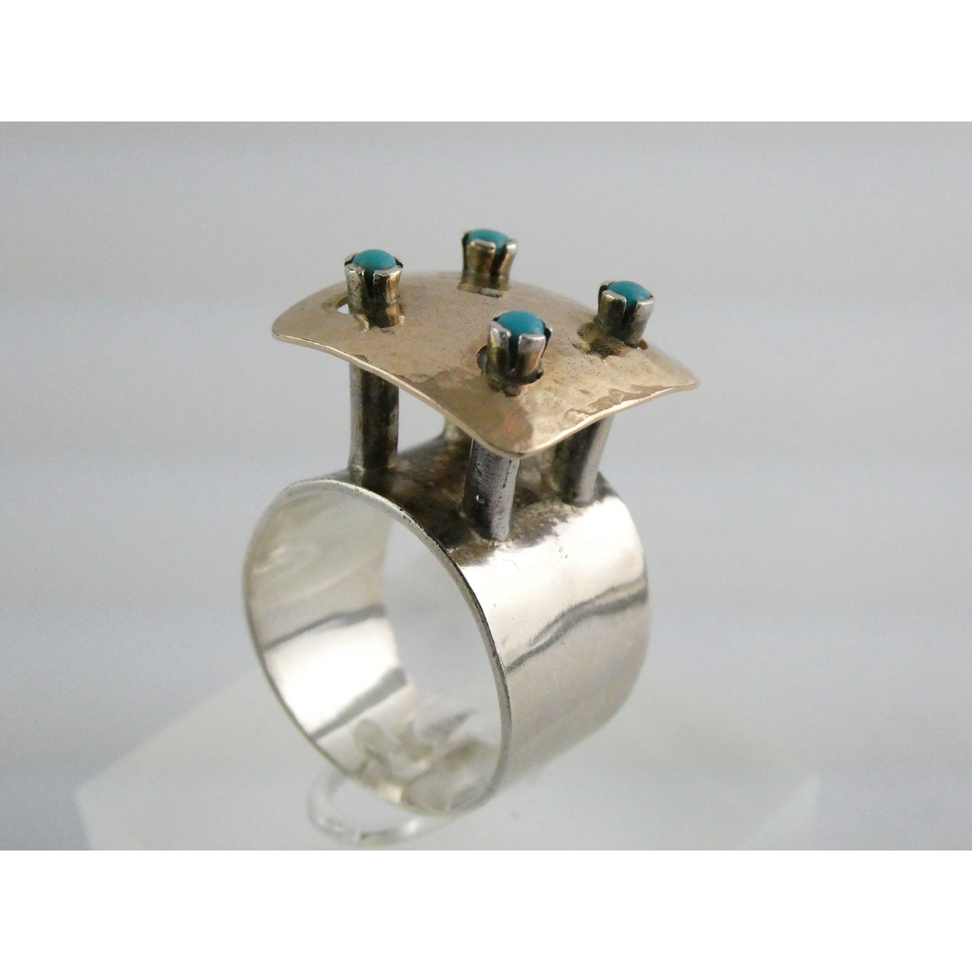 Artisan 14k Yellow Gold Sterling Silver Four Turquoise Statement Ring Size 9.75