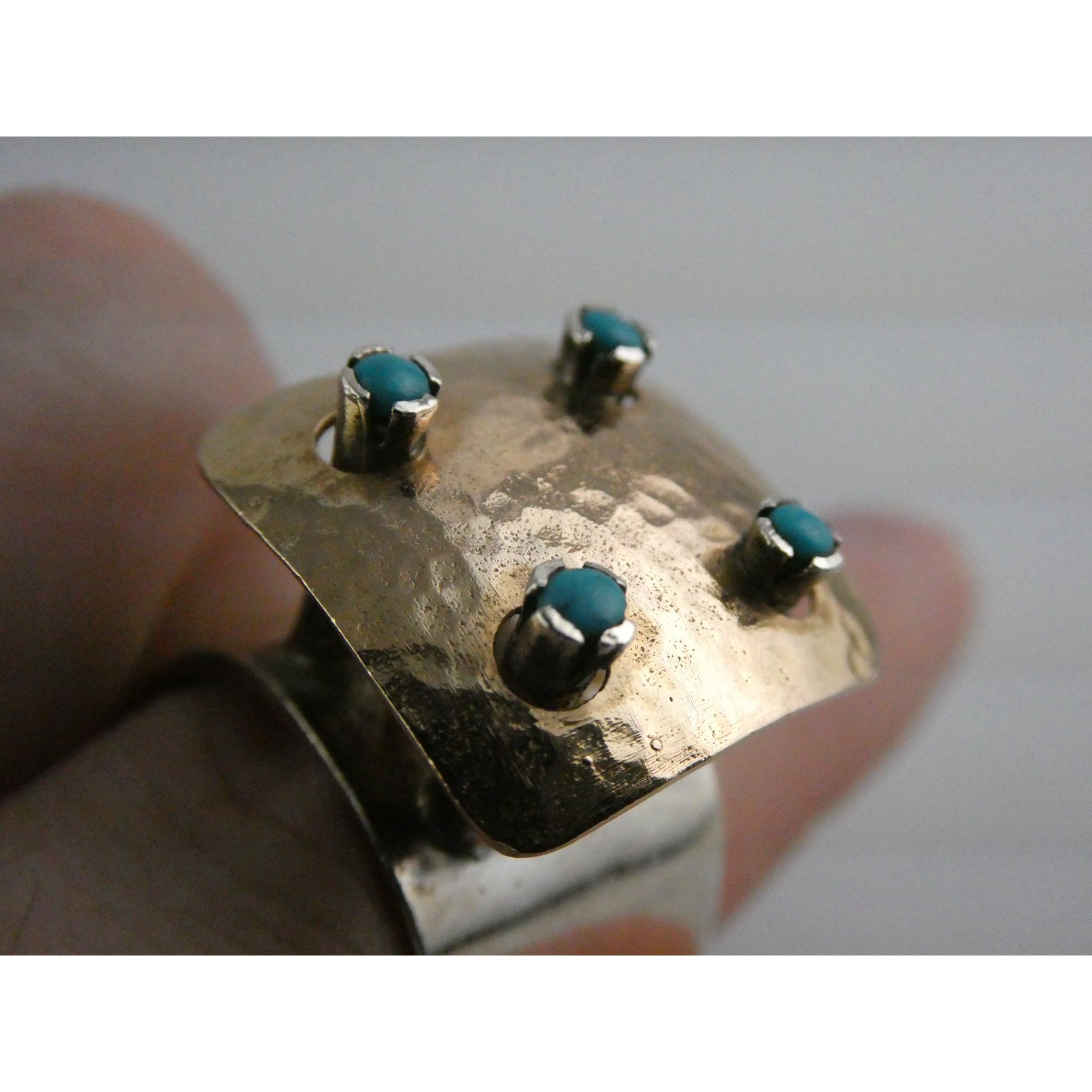 Artisan 14k Yellow Gold Sterling Silver Four Turquoise Statement Ring Size 9.75