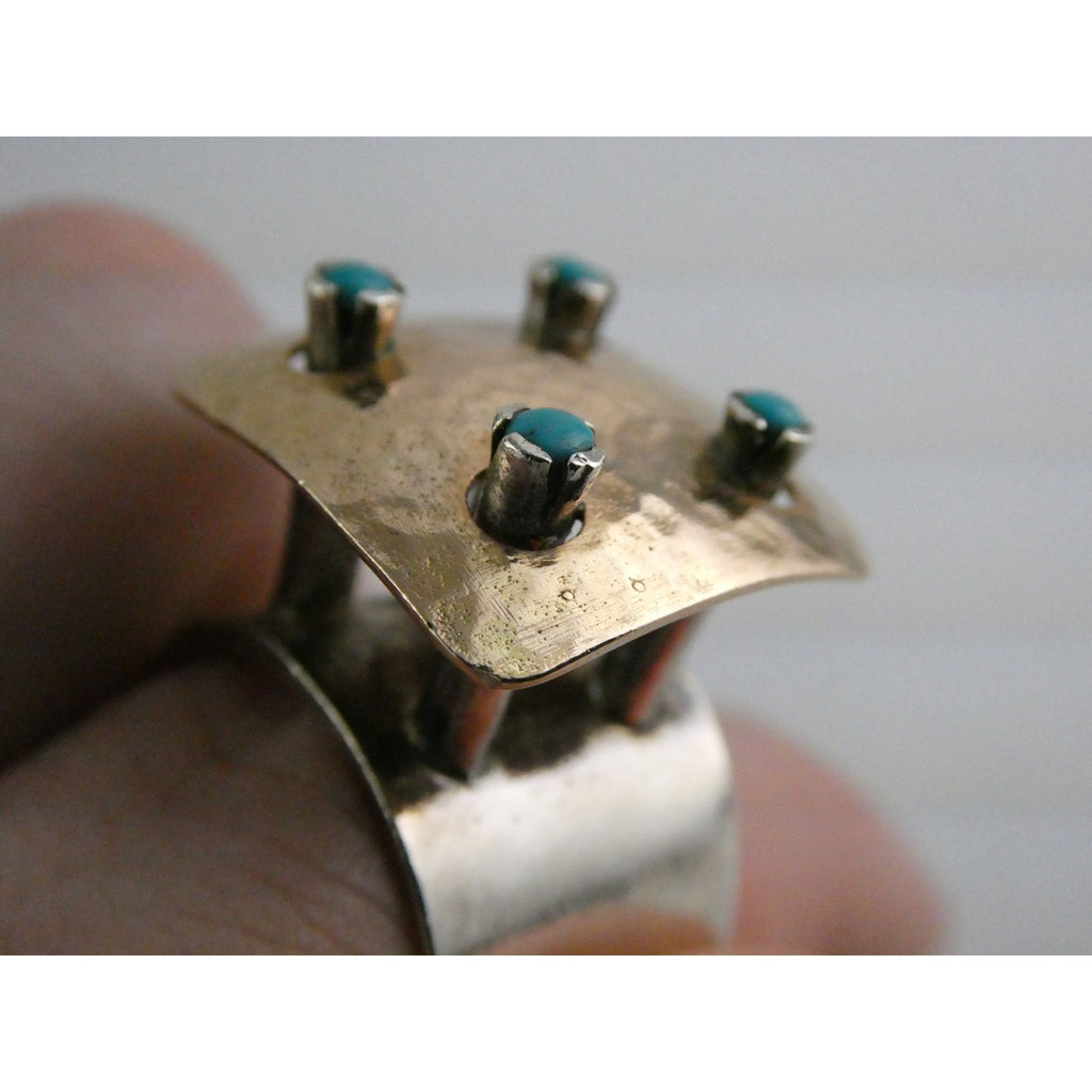 Artisan 14k Yellow Gold Sterling Silver Four Turquoise Statement Ring Size 9.75
