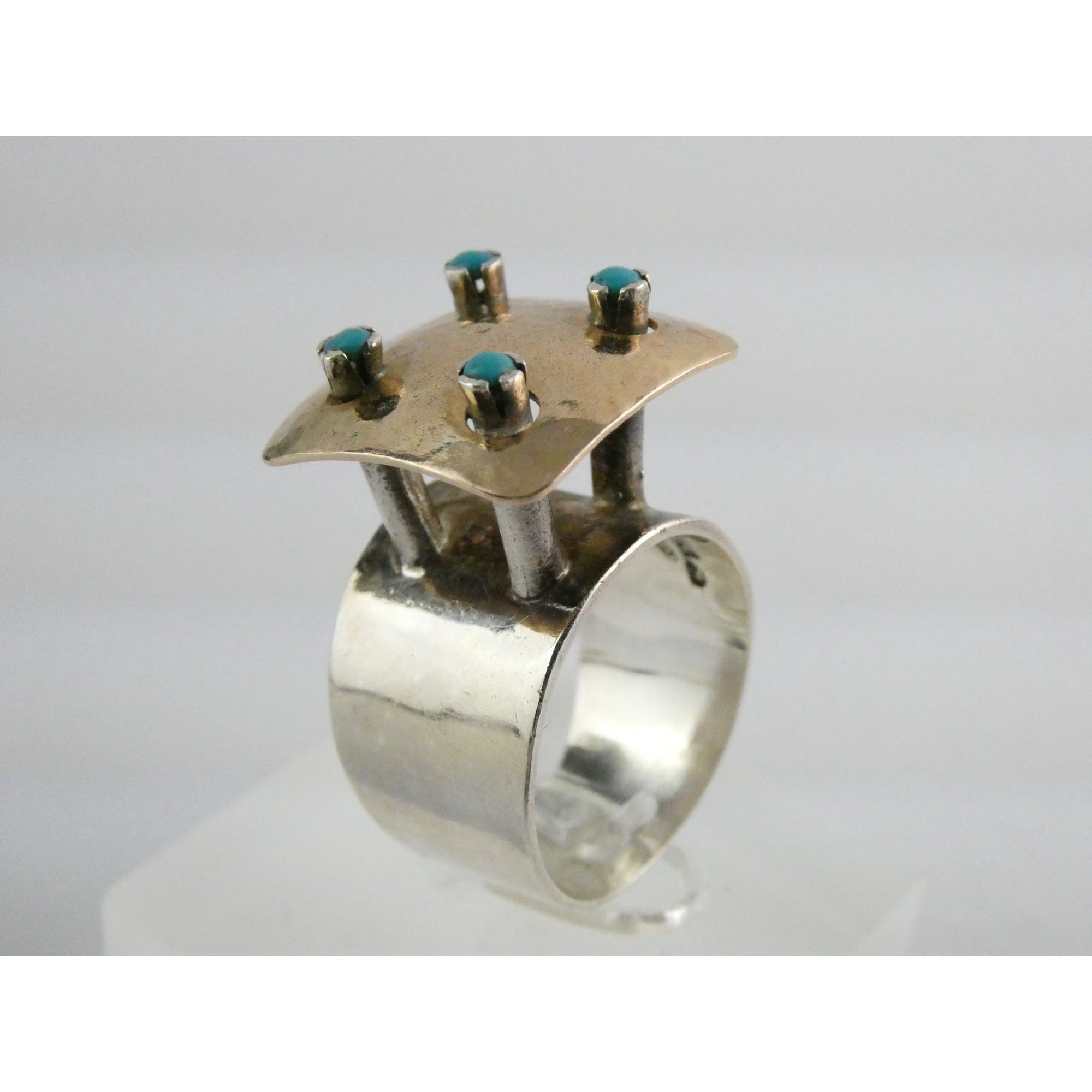 Artisan 14k Yellow Gold Sterling Silver Four Turquoise Statement Ring Size 9.75