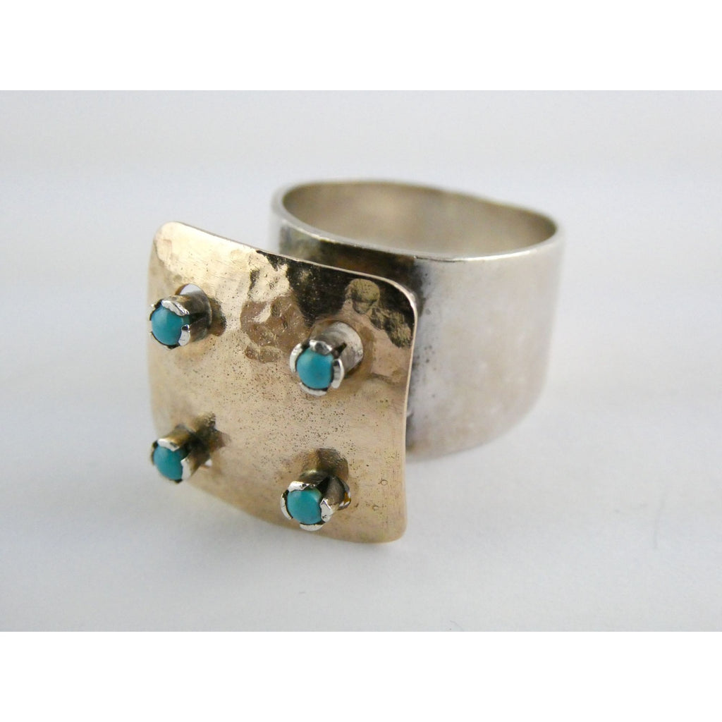 Artisan 14k Yellow Gold Sterling Silver Four Turquoise Statement Ring Size 9.75