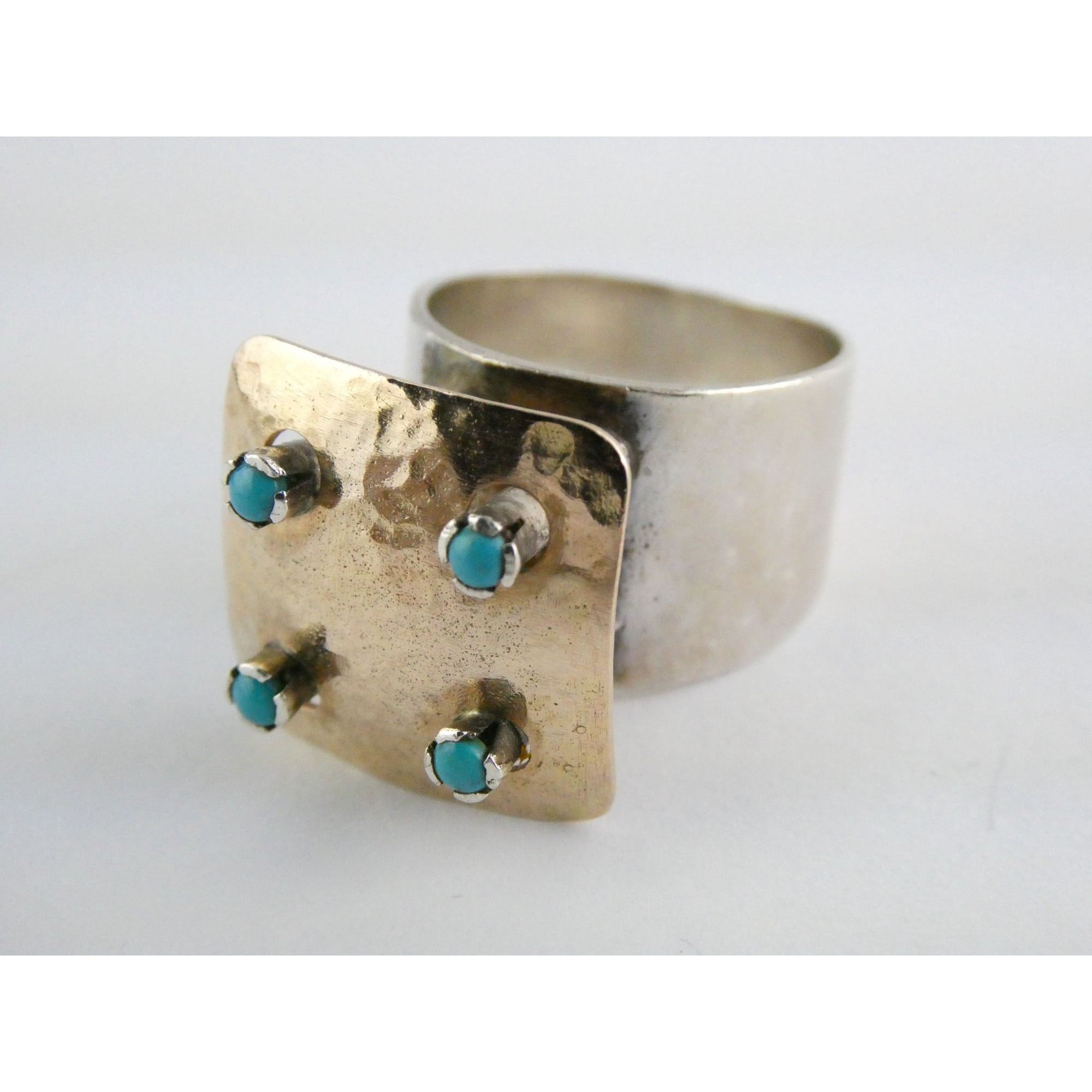 Artisan 14k Yellow Gold Sterling Silver Four Turquoise Statement Ring Size 9.75