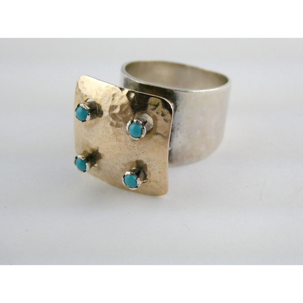 Artisan 14k Yellow Gold Sterling Silver Four Turquoise Statement Ring Size 9.75