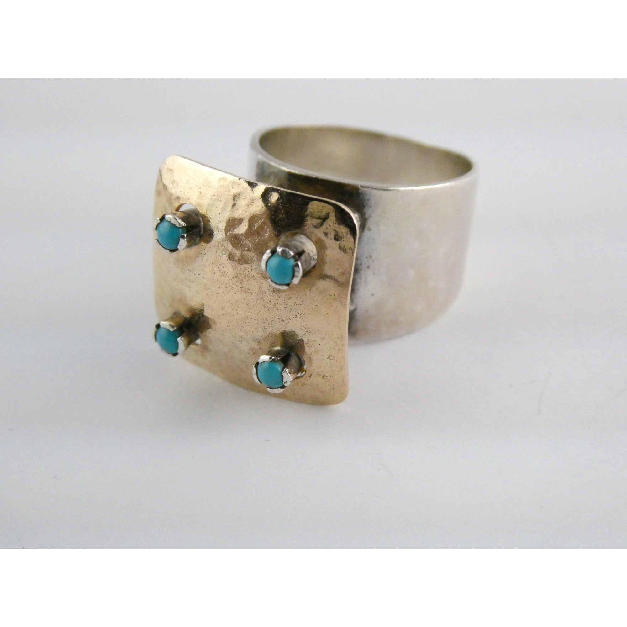 Artisan 14k Yellow Gold Sterling Silver Four Turquoise Statement Ring Size 9.75