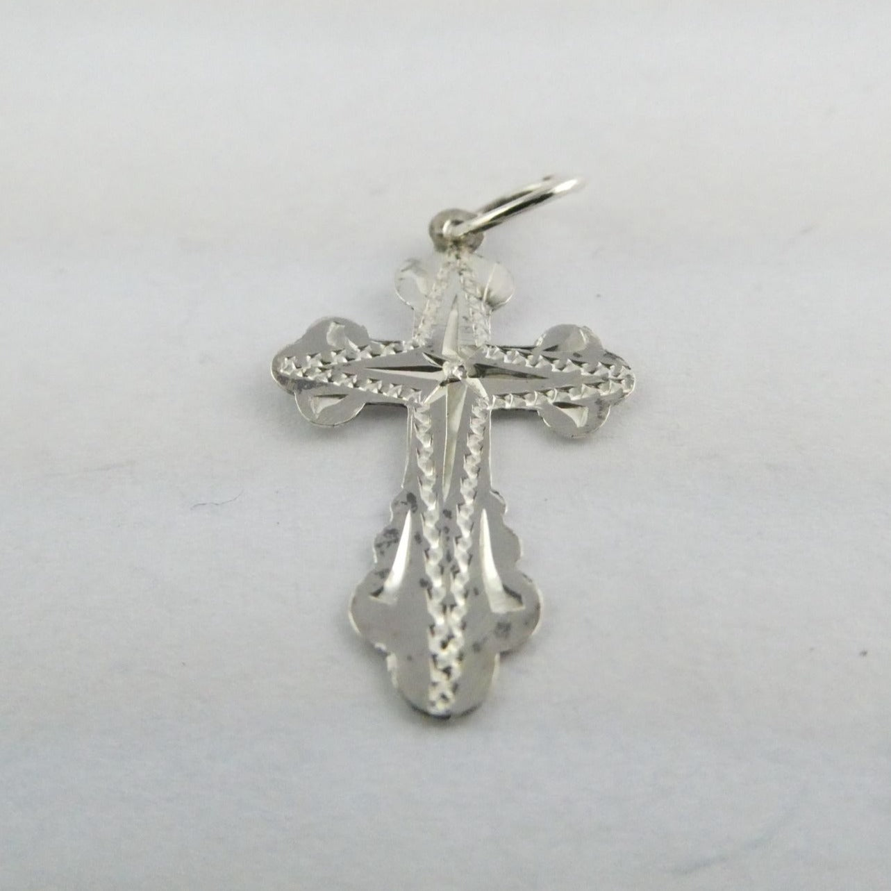 Vintage Thin Sterling Silver w Small Diamond Chip Center Cross Charm Pendant .5g