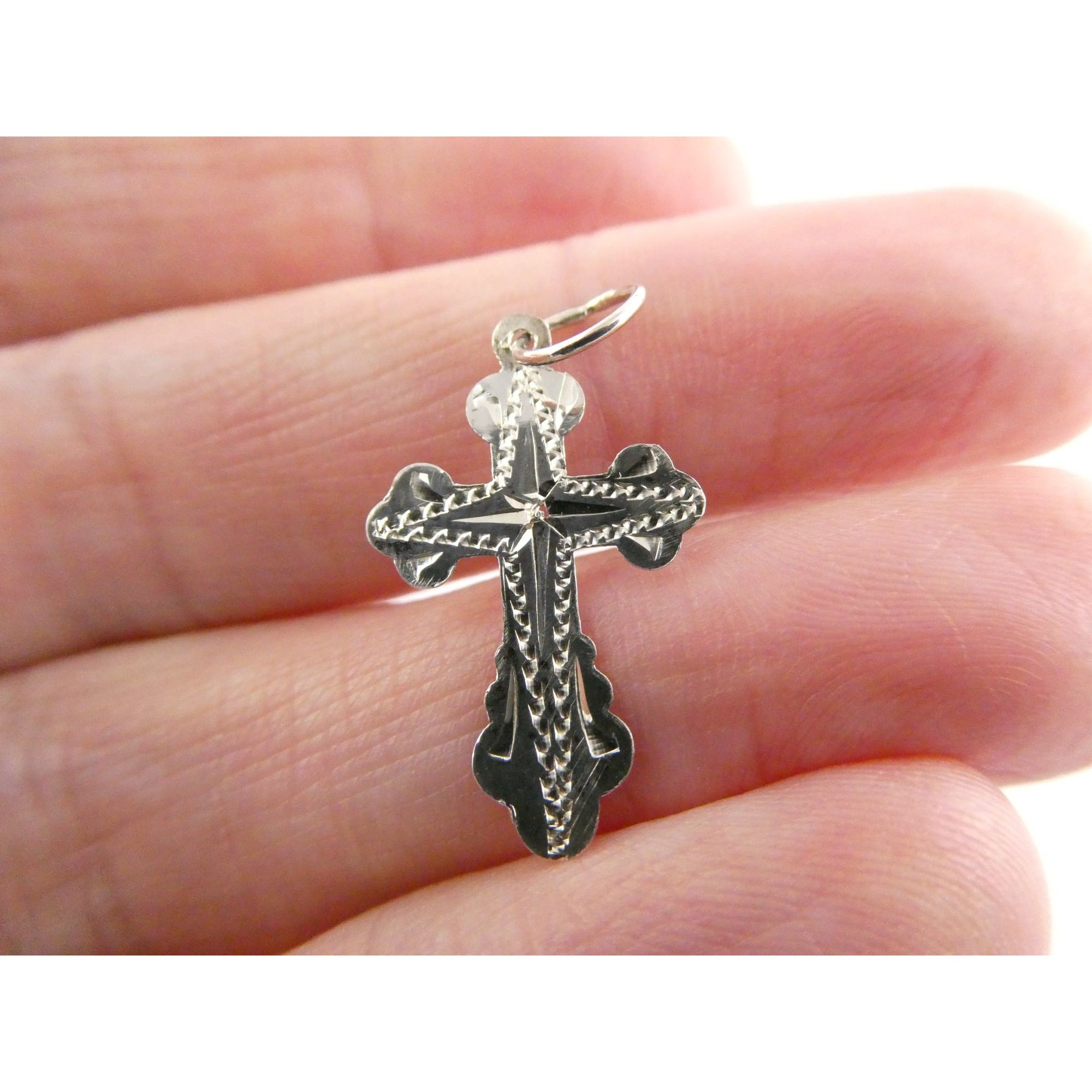 Vintage Thin Sterling Silver w Small Diamond Chip Center Cross Charm Pendant .5g