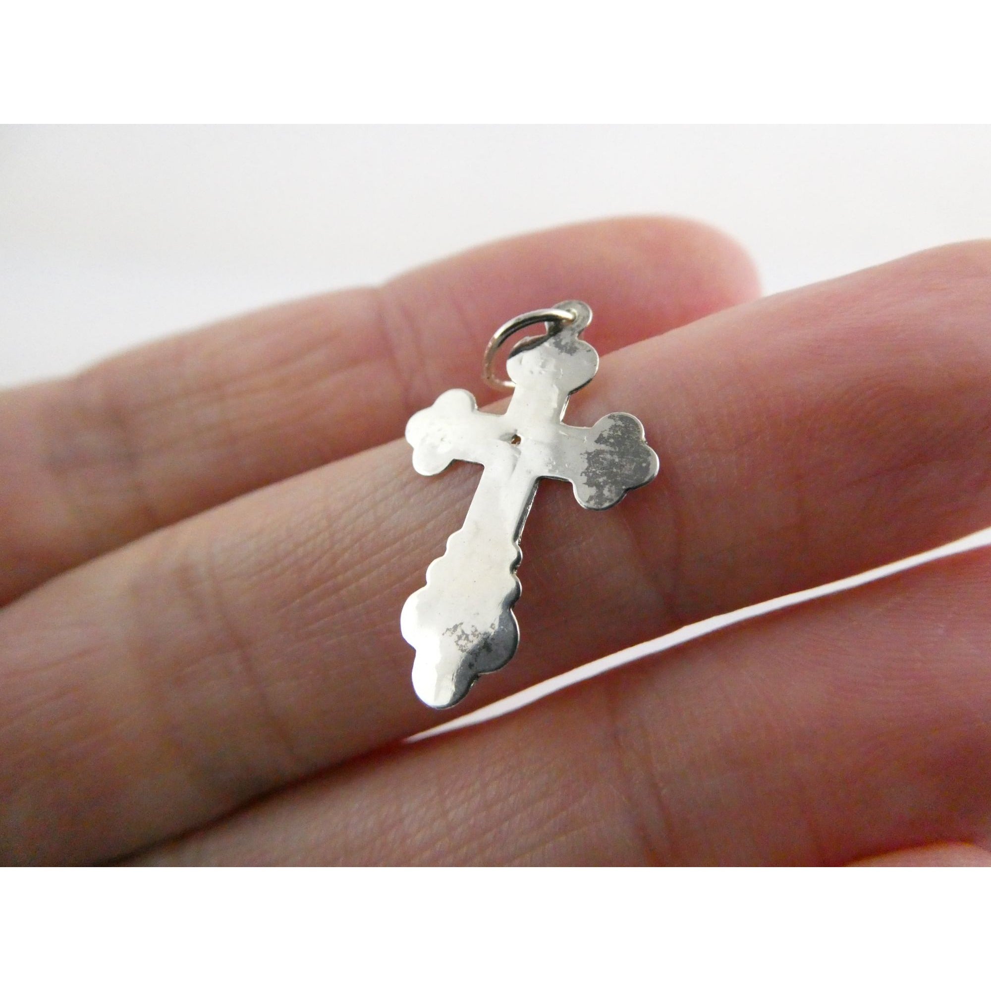 Vintage Thin Sterling Silver w Small Diamond Chip Center Cross Charm Pendant .5g