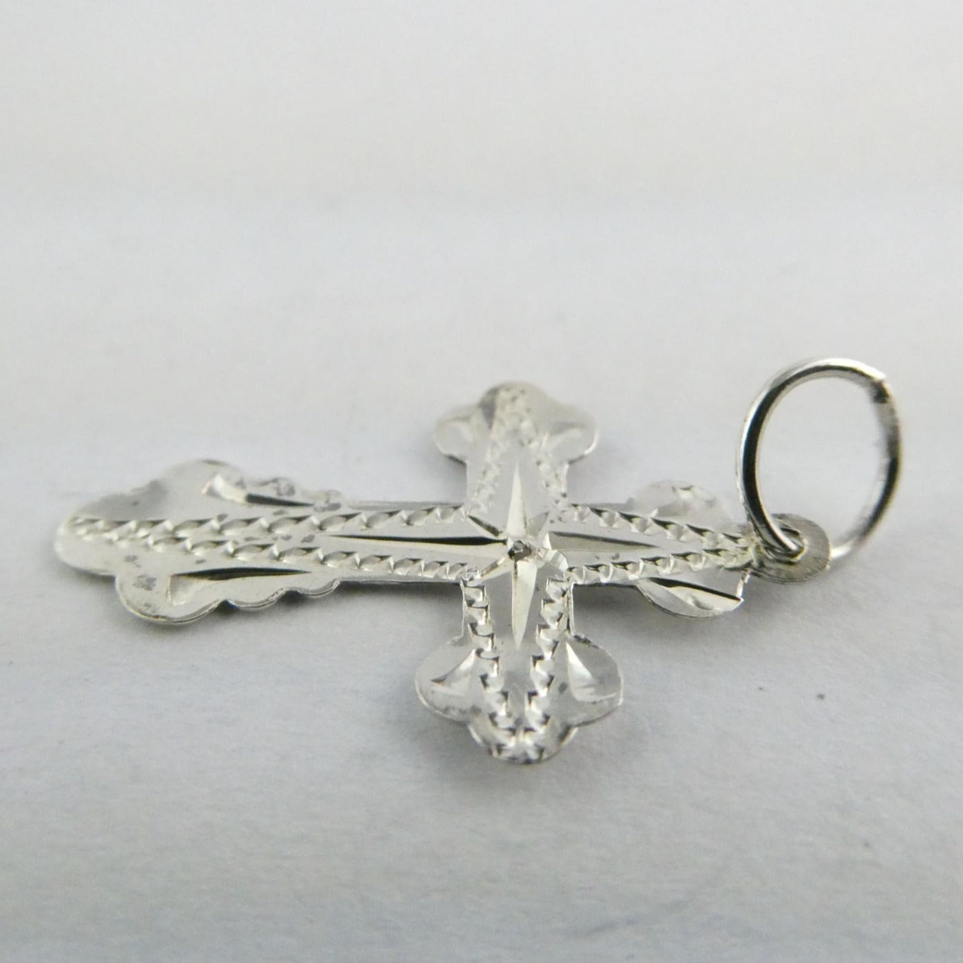 Vintage Thin Sterling Silver w Small Diamond Chip Center Cross Charm Pendant .5g