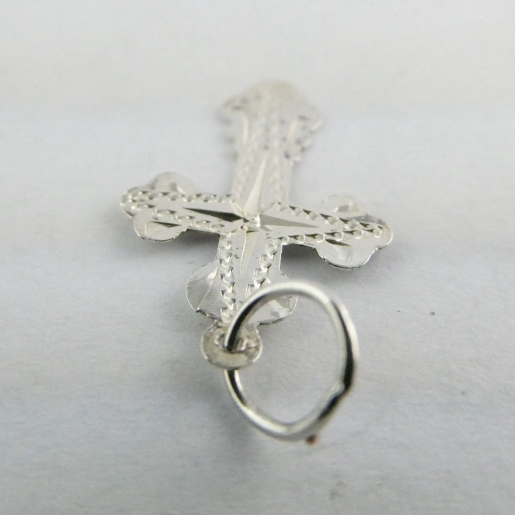 Vintage Thin Sterling Silver w Small Diamond Chip Center Cross Charm Pendant .5g