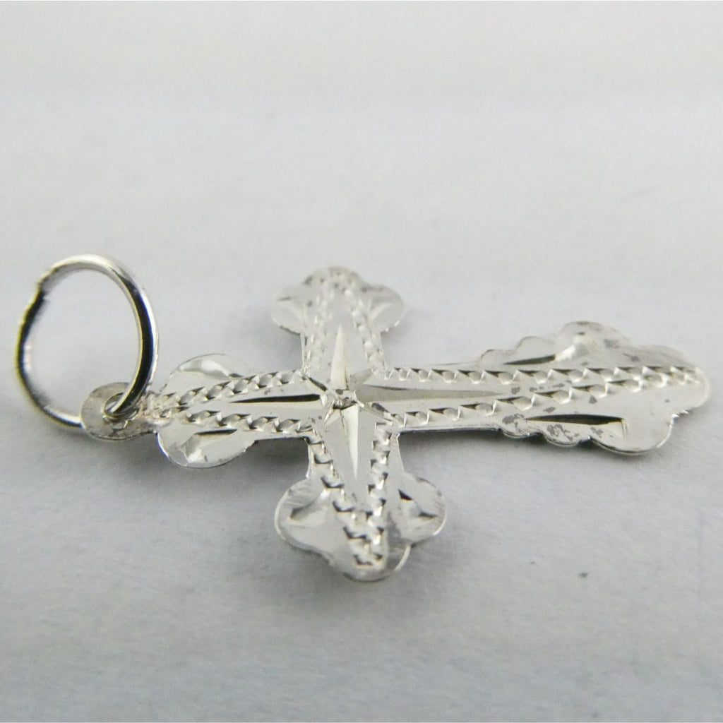 Vintage Thin Sterling Silver w Small Diamond Chip Center Cross Charm Pendant .5g