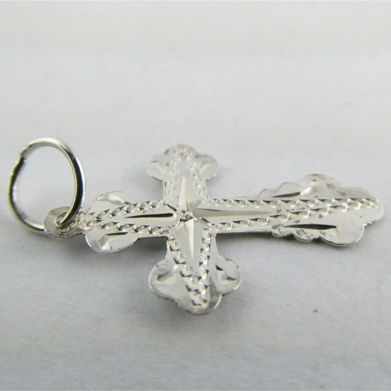 Vintage Thin Sterling Silver w Small Diamond Chip Center Cross Charm Pendant .5g