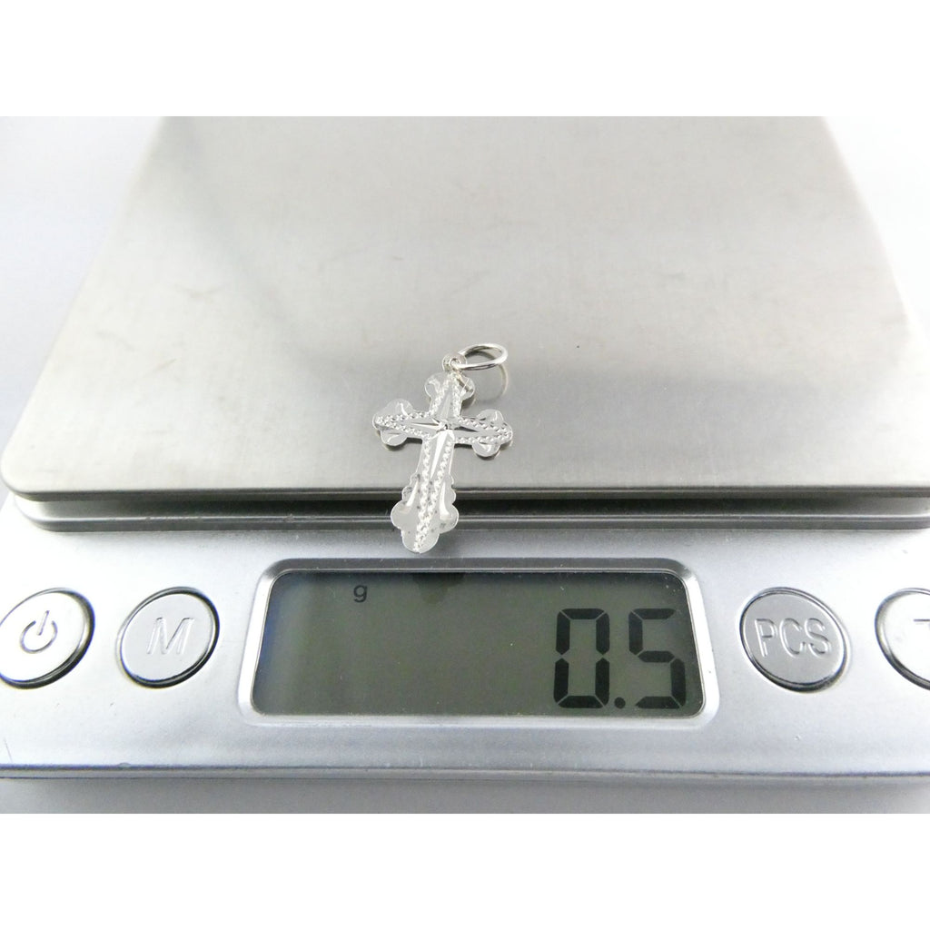 Vintage Thin Sterling Silver w Small Diamond Chip Center Cross Charm Pendant .5g