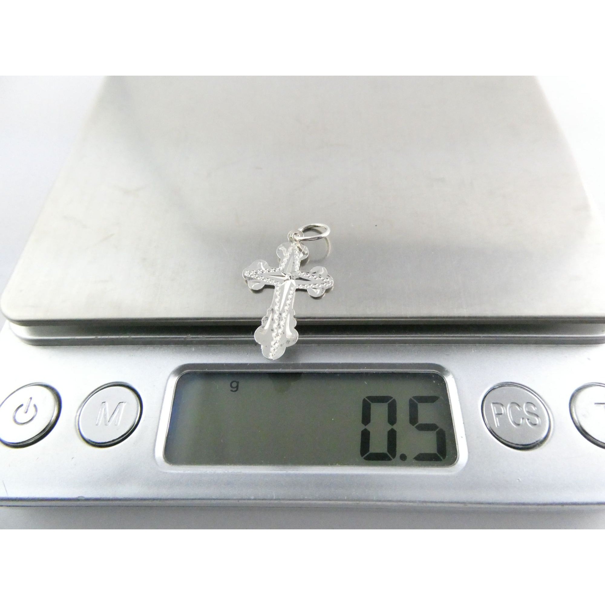 Vintage Thin Sterling Silver w Small Diamond Chip Center Cross Charm Pendant .5g