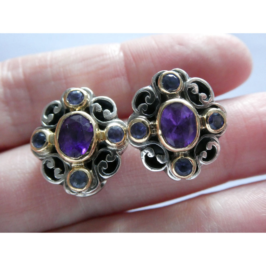 Konstantino 18k Yellow Gold Sterling Silver Amethyst Iolite Clip on Earrings 15g