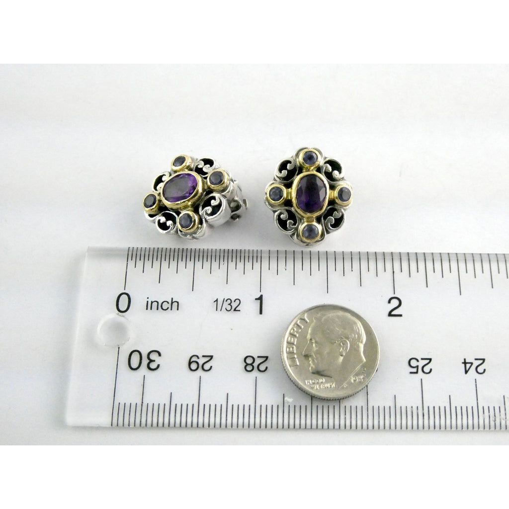 Konstantino 18k Yellow Gold Sterling Silver Amethyst Iolite Clip on Earrings 15g
