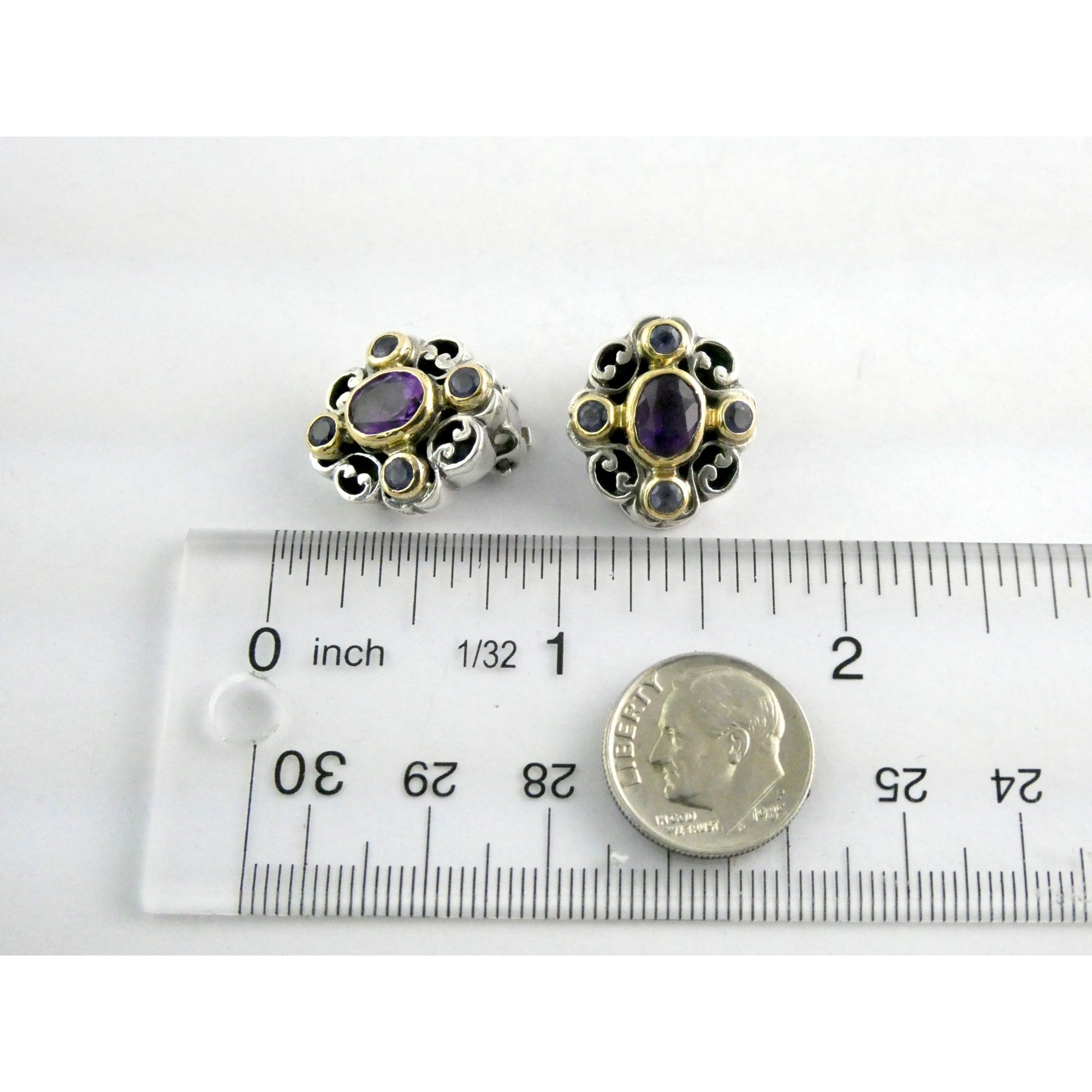 Konstantino 18k Yellow Gold Sterling Silver Amethyst Iolite Clip on Earrings 15g