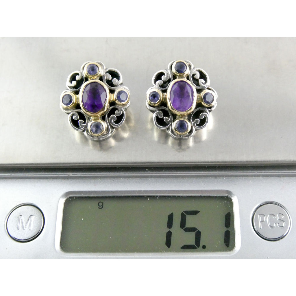 Konstantino 18k Yellow Gold Sterling Silver Amethyst Iolite Clip on Earrings 15g