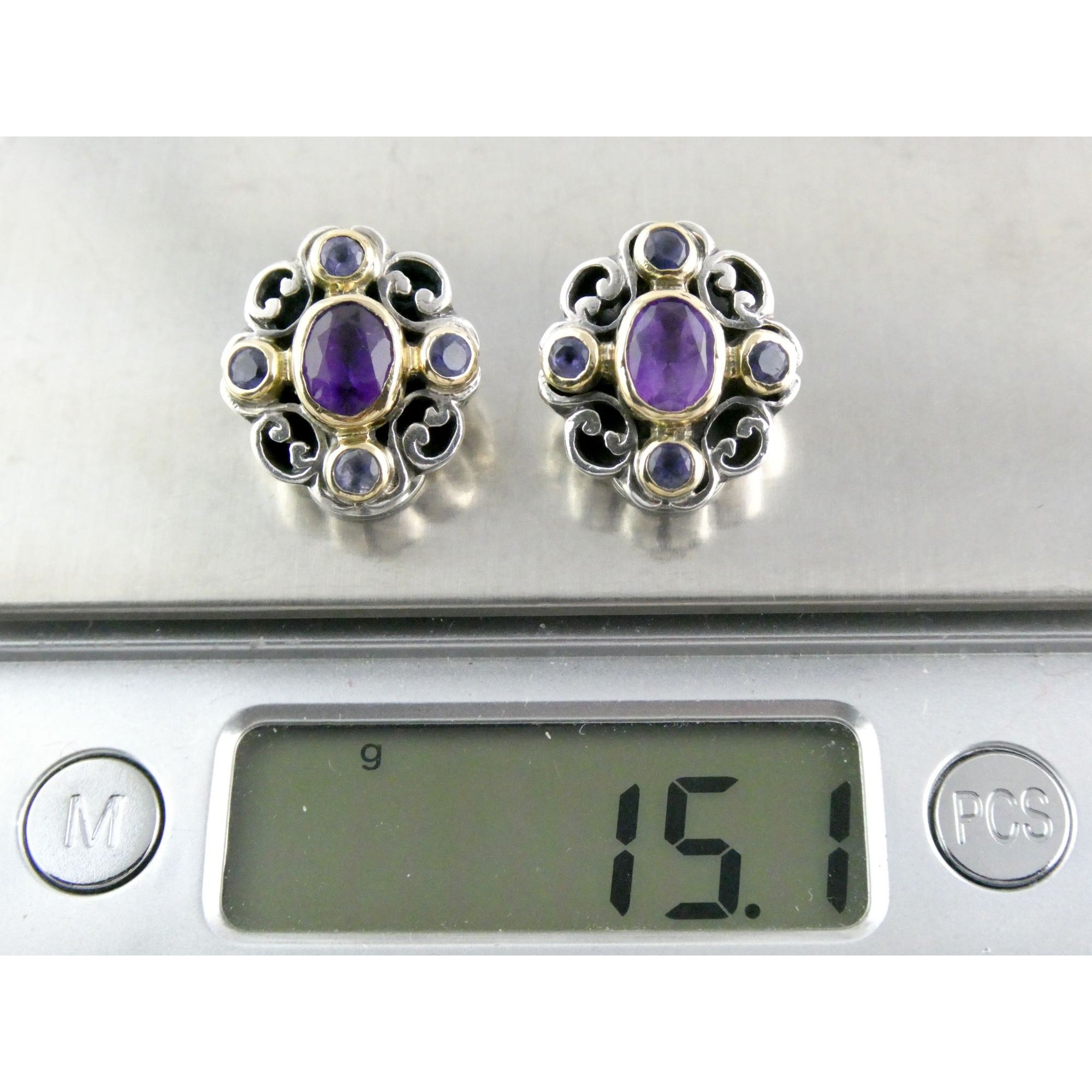 Konstantino 18k Yellow Gold Sterling Silver Amethyst Iolite Clip on Earrings 15g