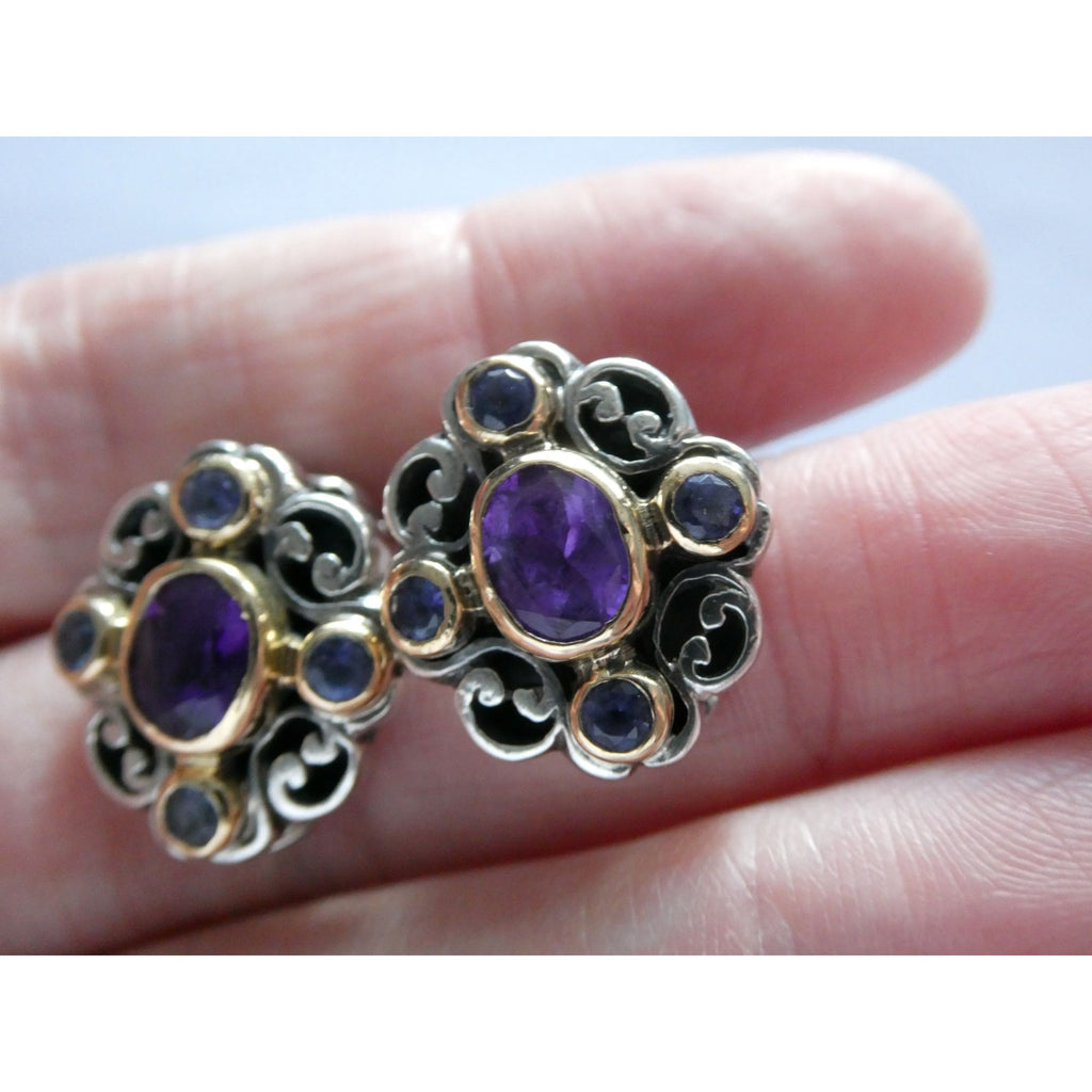 Konstantino 18k Yellow Gold Sterling Silver Amethyst Iolite Clip on Earrings 15g