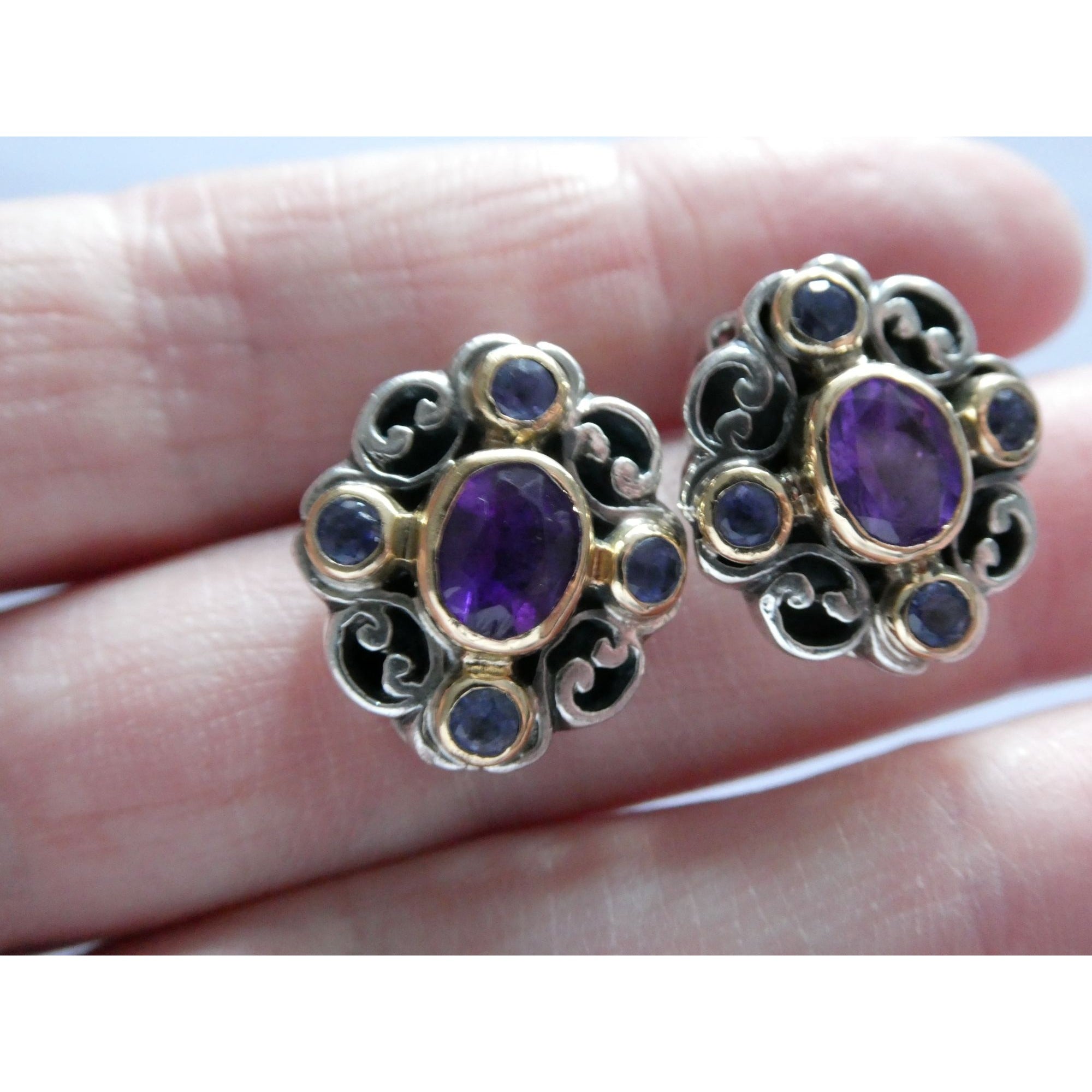 Konstantino 18k Yellow Gold Sterling Silver Amethyst Iolite Clip on Earrings 15g
