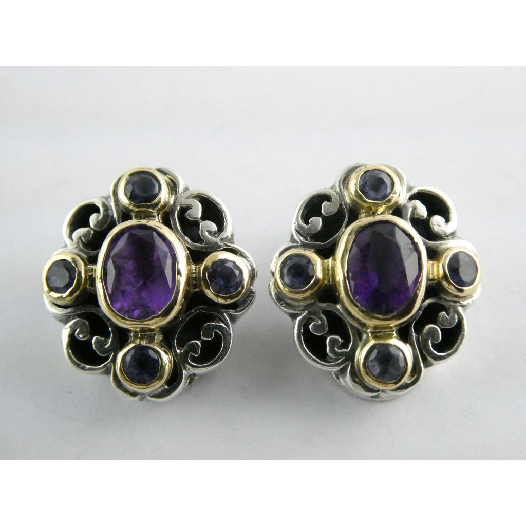 Konstantino 18k Yellow Gold Sterling Silver Amethyst Iolite Clip on Earrings 15g