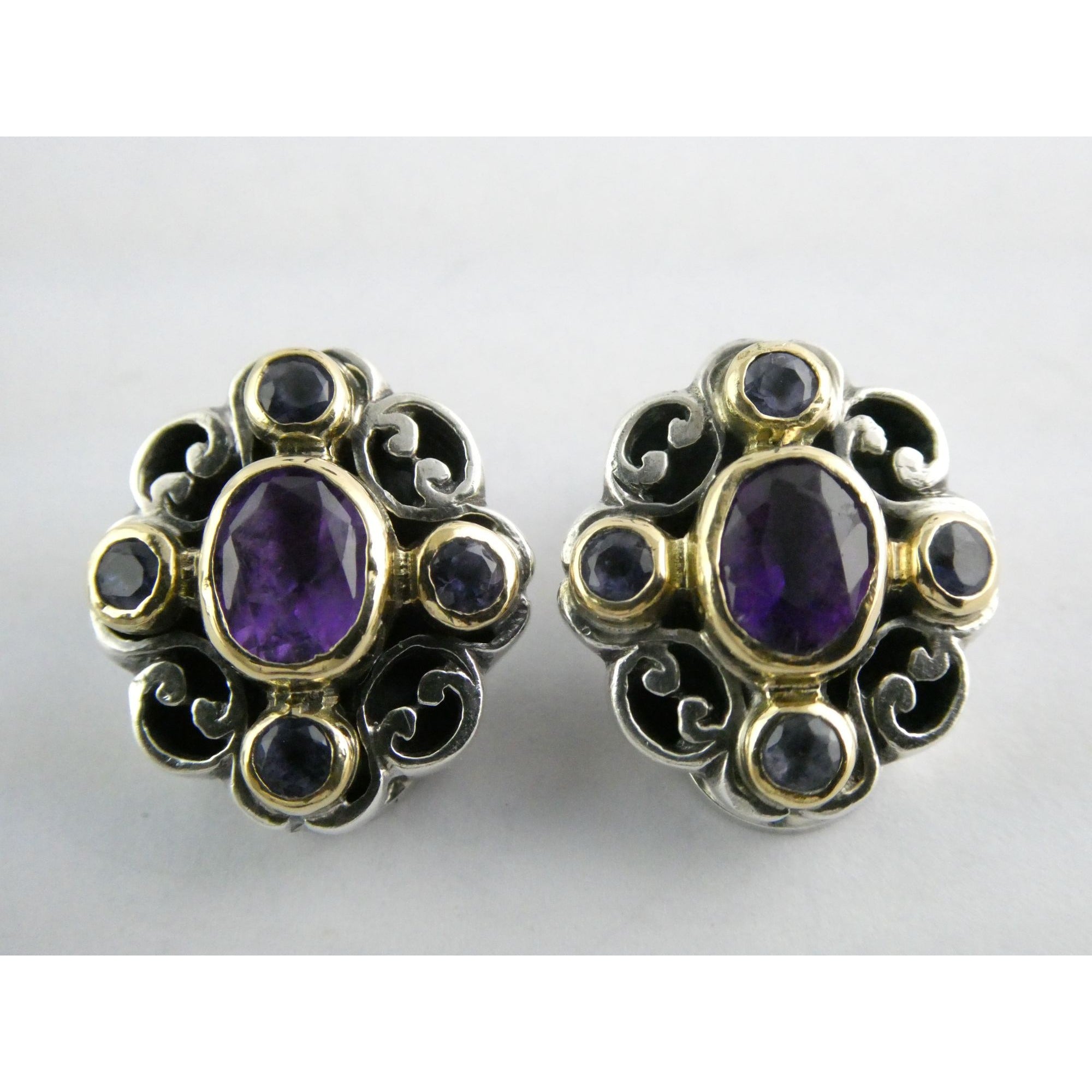 Konstantino 18k Yellow Gold Sterling Silver Amethyst Iolite Clip on Earrings 15g