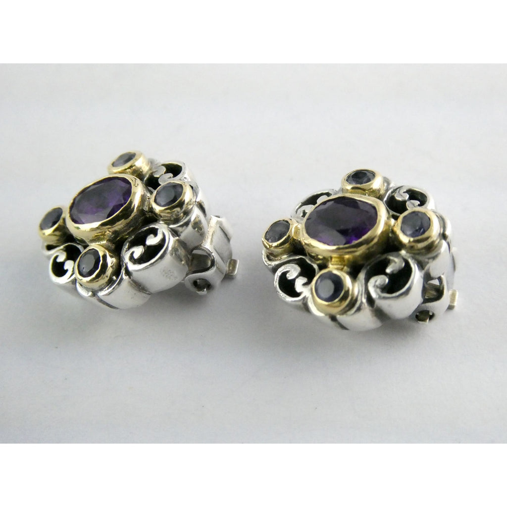 Konstantino 18k Yellow Gold Sterling Silver Amethyst Iolite Clip on Earrings 15g