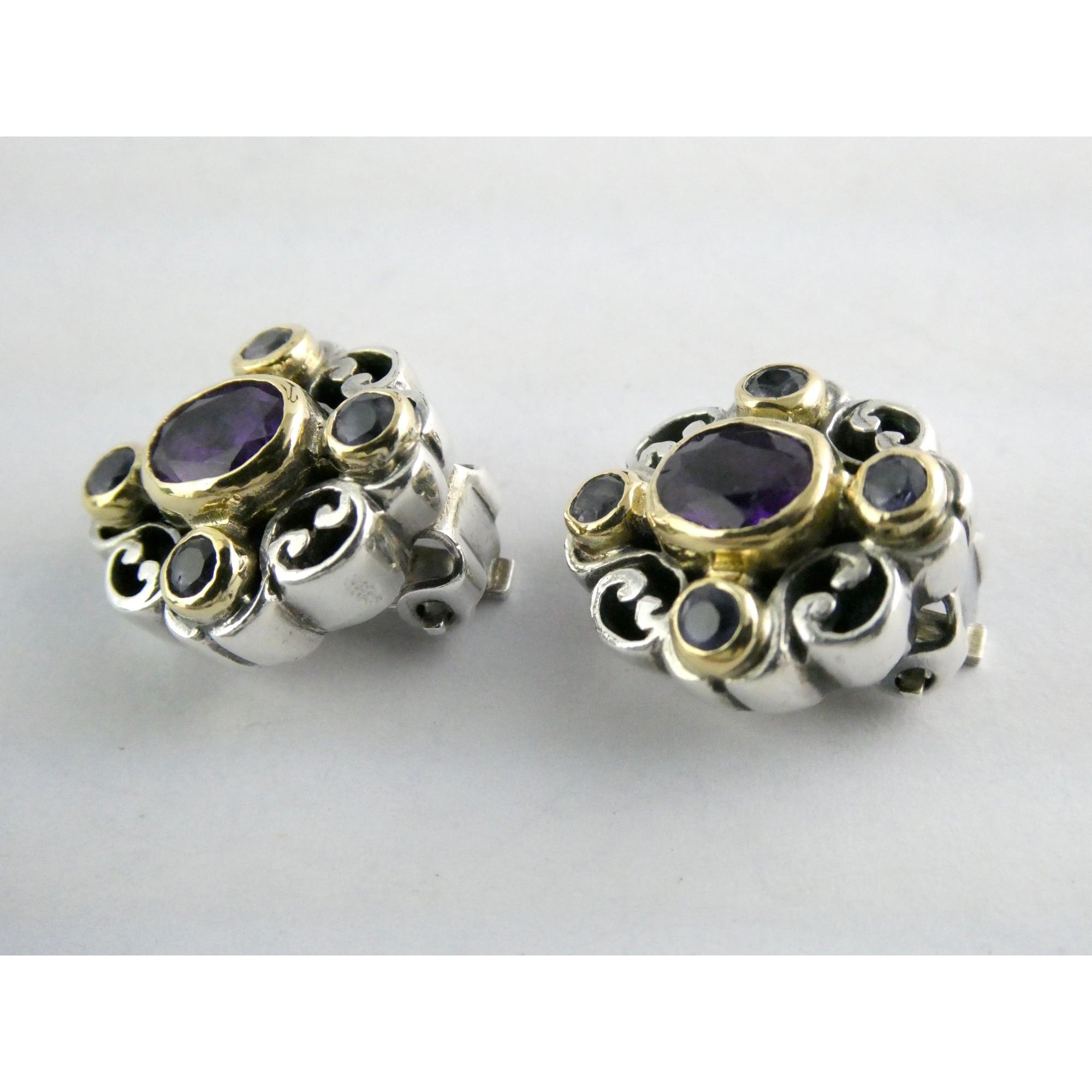 Konstantino 18k Yellow Gold Sterling Silver Amethyst Iolite Clip on Earrings 15g