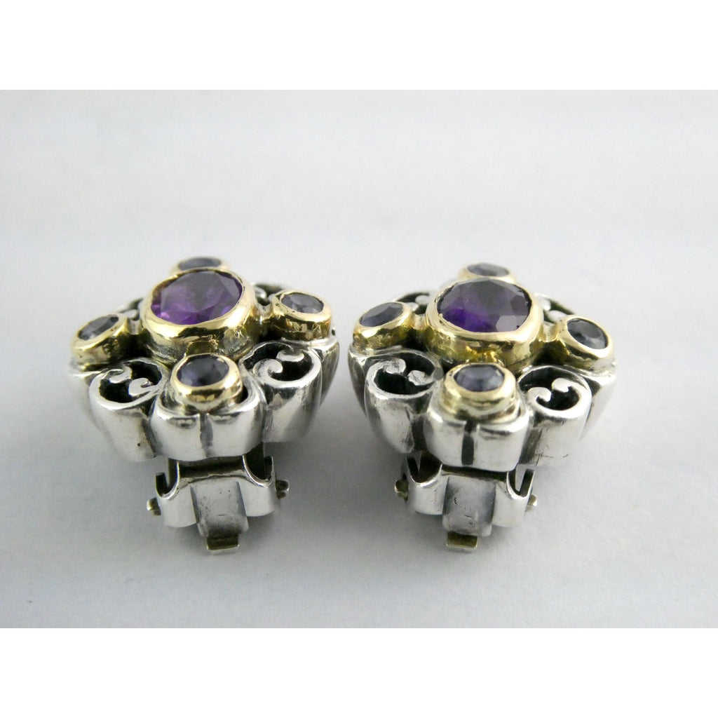 Konstantino 18k Yellow Gold Sterling Silver Amethyst Iolite Clip on Earrings 15g
