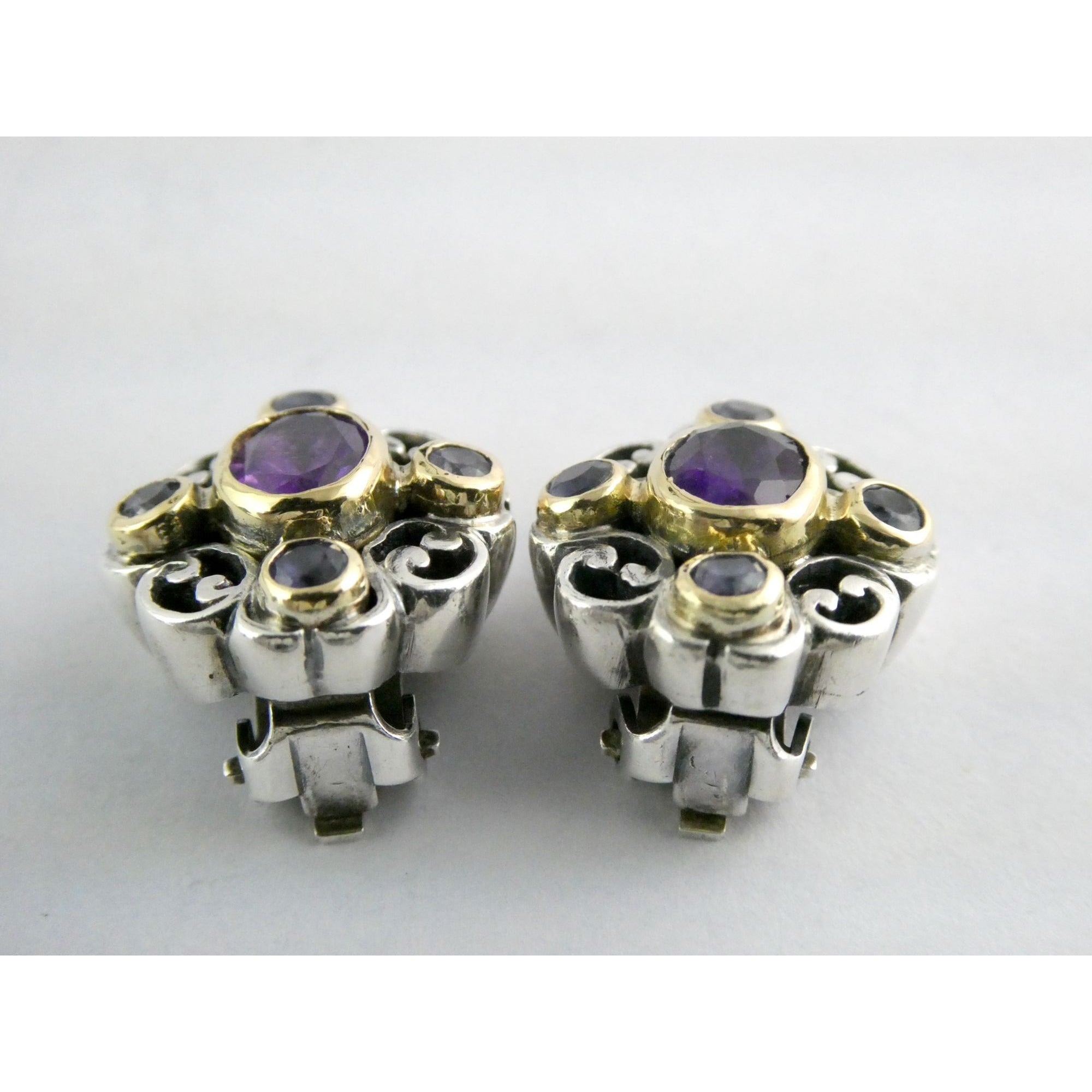 Konstantino 18k Yellow Gold Sterling Silver Amethyst Iolite Clip on Earrings 15g
