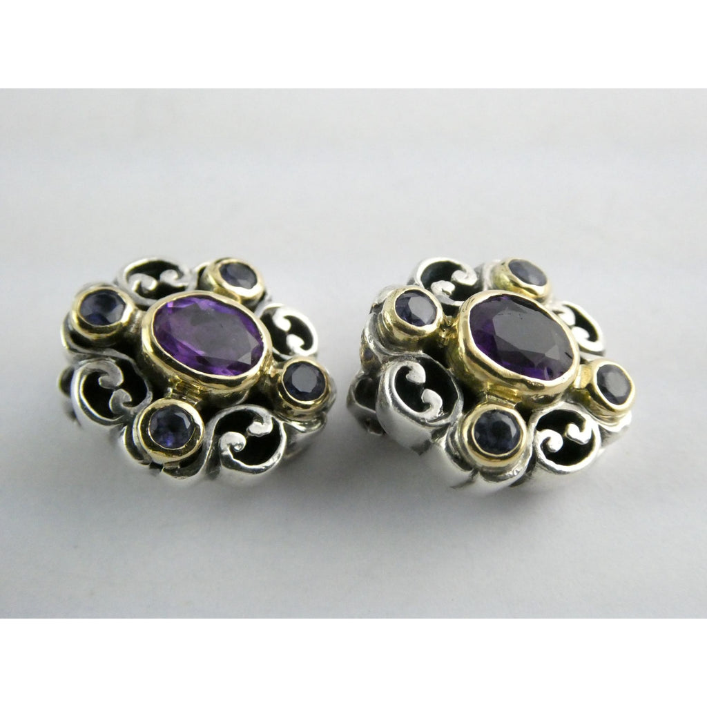 Konstantino 18k Yellow Gold Sterling Silver Amethyst Iolite Clip on Earrings 15g