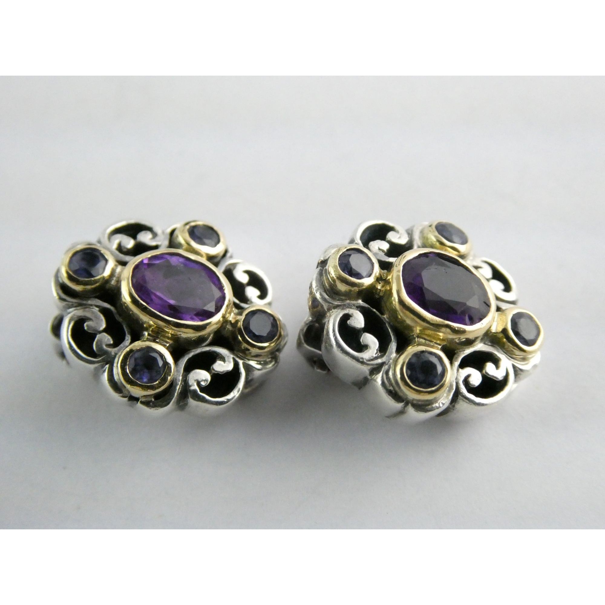 Konstantino 18k Yellow Gold Sterling Silver Amethyst Iolite Clip on Earrings 15g