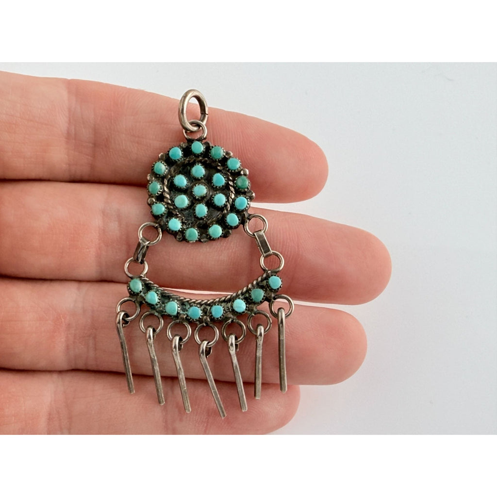 Vintage Southwestern Unmarked Sterling Silver Petit Point Turquoise Pendant 5g