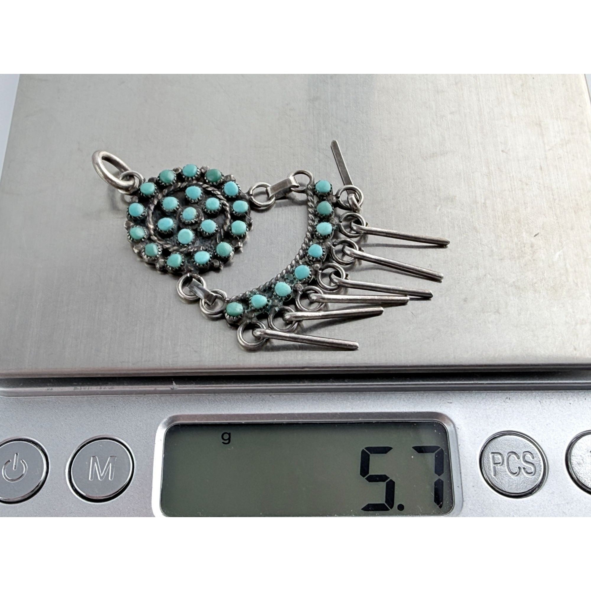 Vintage Southwestern Unmarked Sterling Silver Petit Point Turquoise Pendant 5g