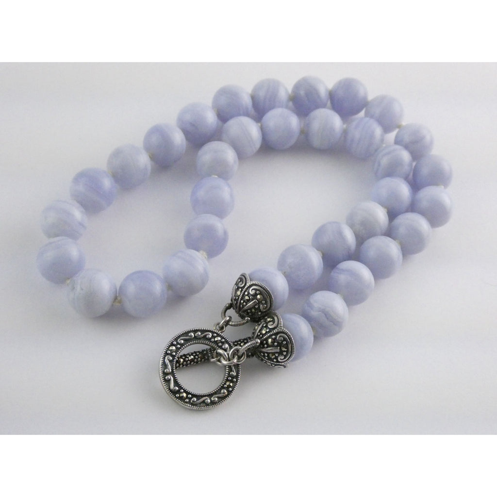 Sterling Silver Hand Knotted Blue Lace Agate Bead Strand Necklace 95g 19 Inches