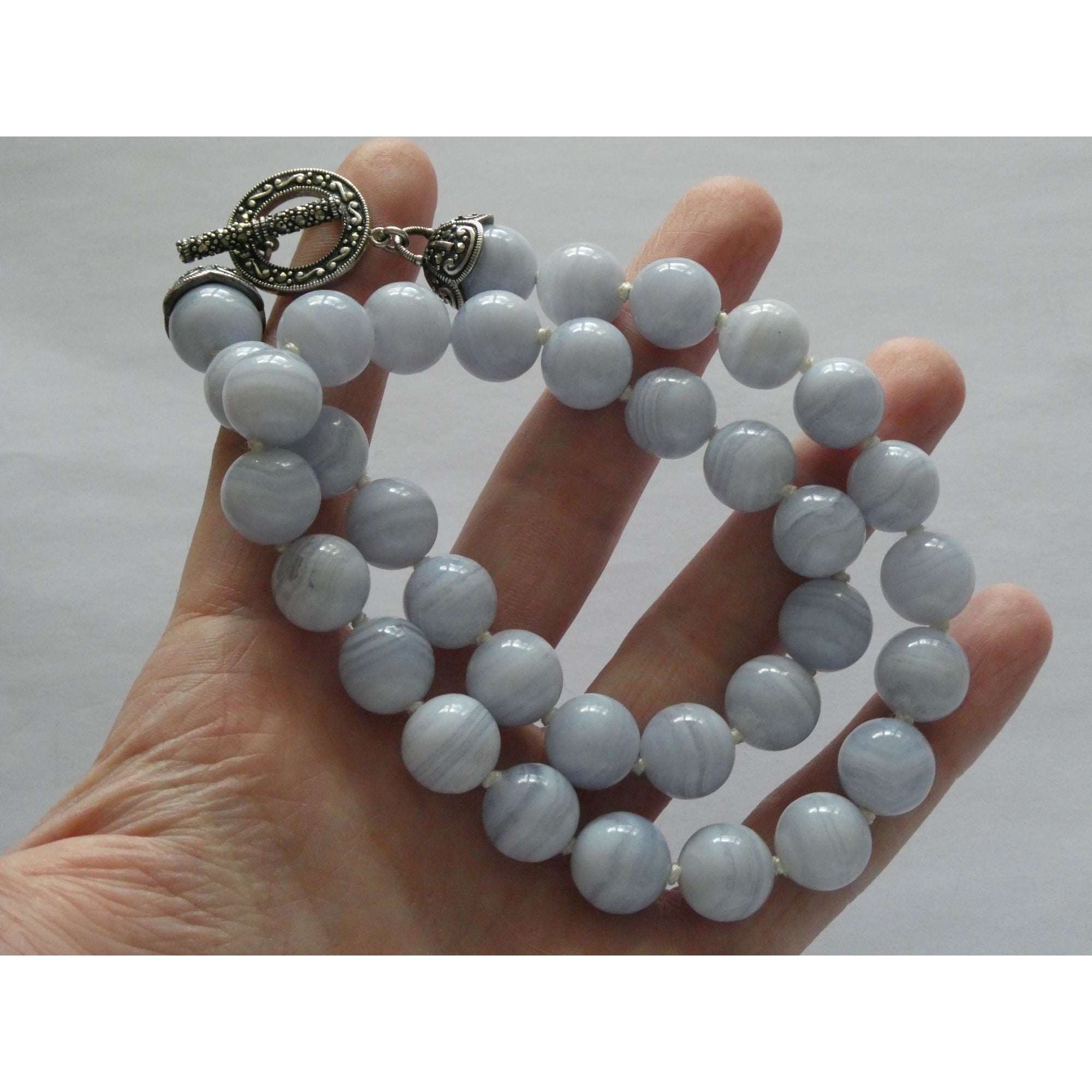 Sterling Silver Hand Knotted Blue Lace Agate Bead Strand Necklace 95g 19 Inches