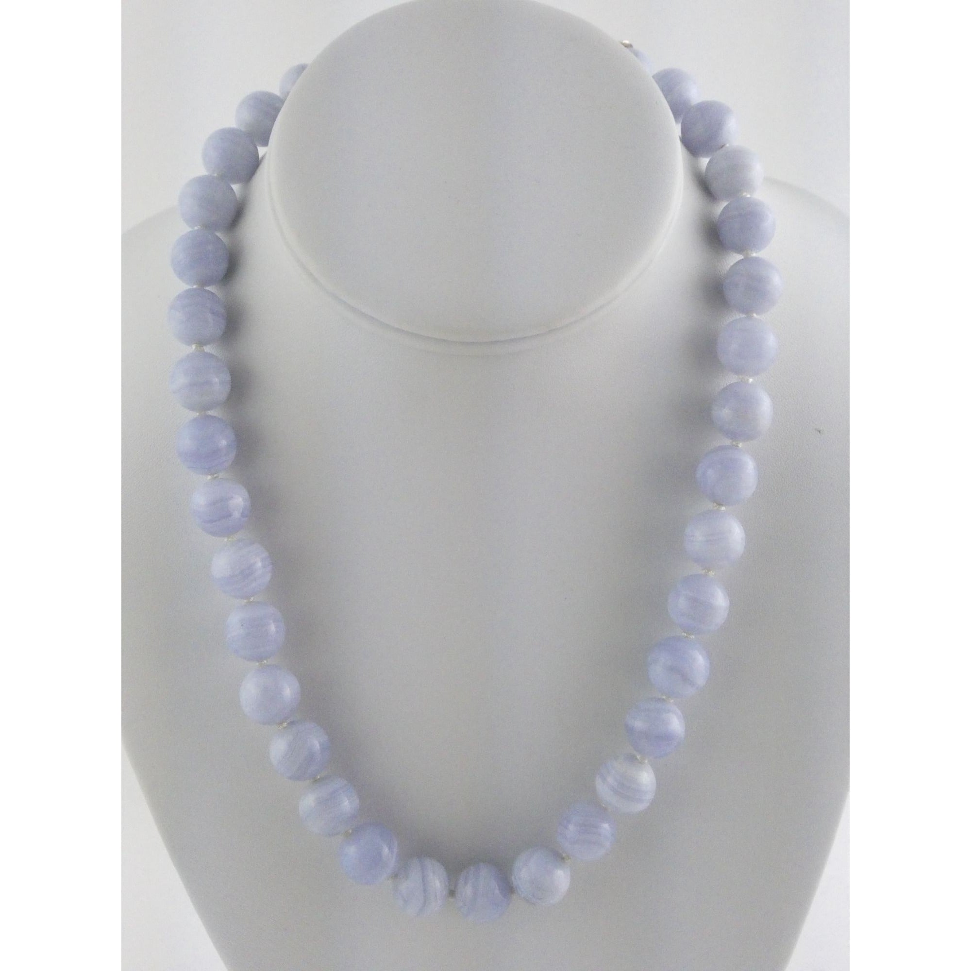Sterling Silver Hand Knotted Blue Lace Agate Bead Strand Necklace 95g 19 Inches