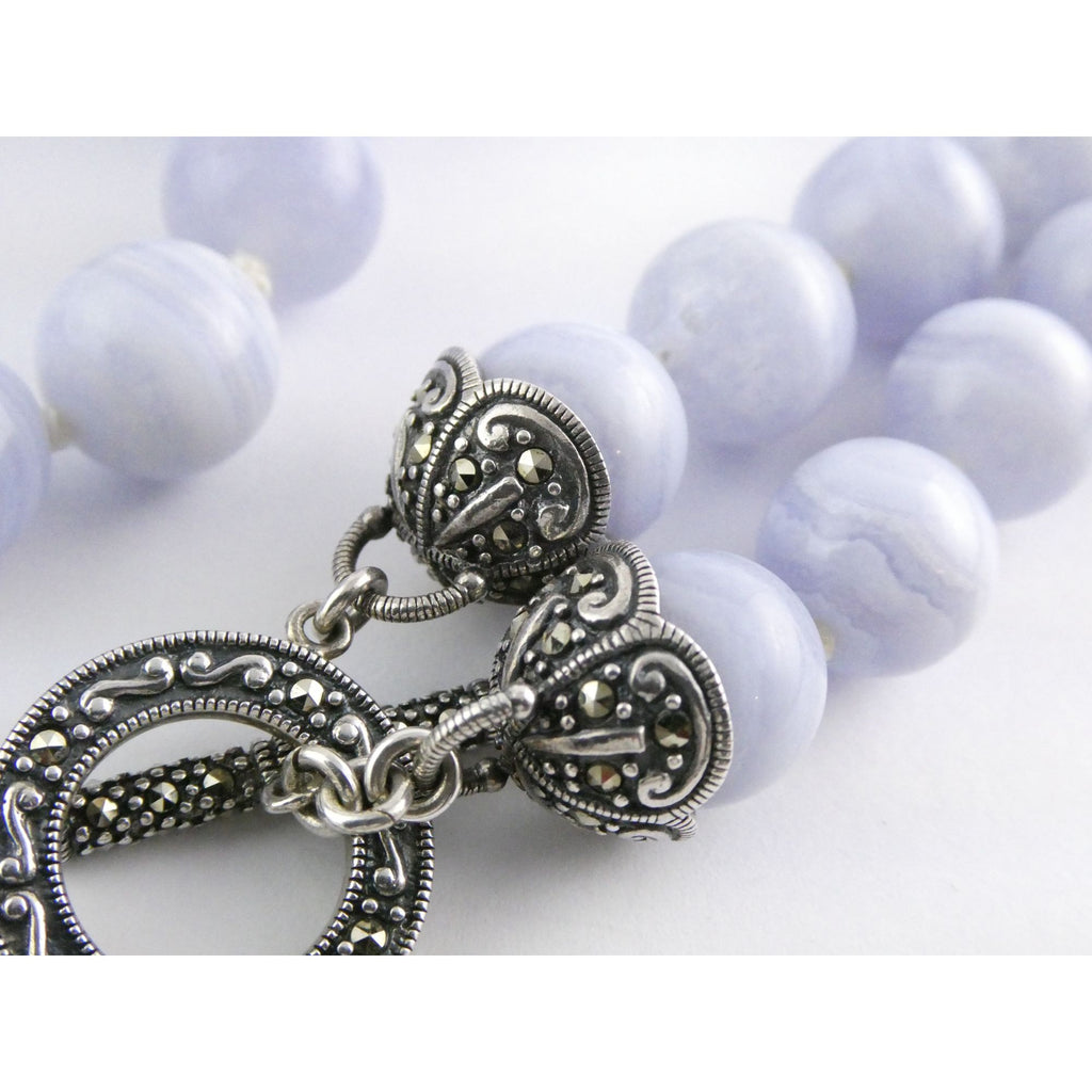 Sterling Silver Hand Knotted Blue Lace Agate Bead Strand Necklace 95g 19 Inches