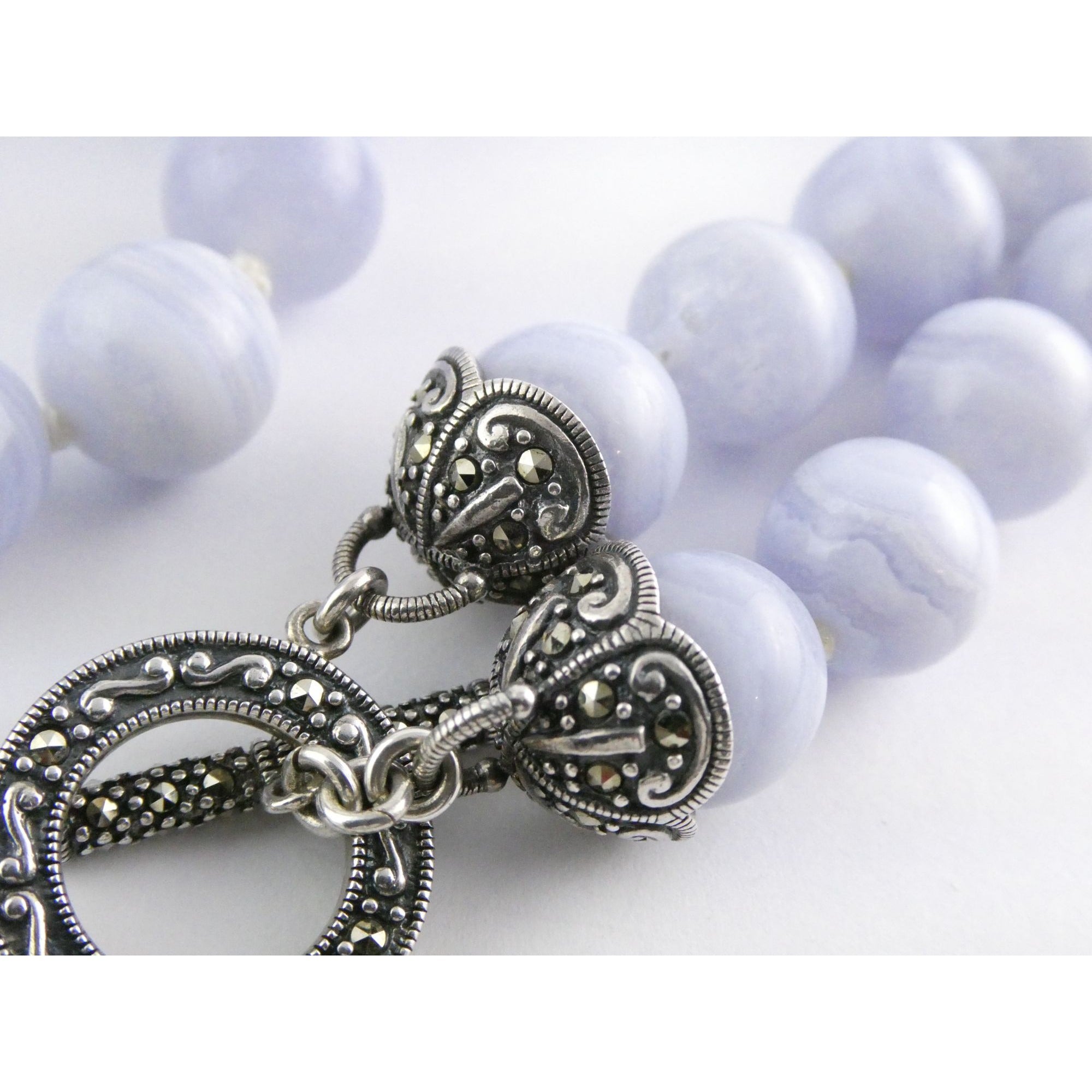 Sterling Silver Hand Knotted Blue Lace Agate Bead Strand Necklace 95g 19 Inches