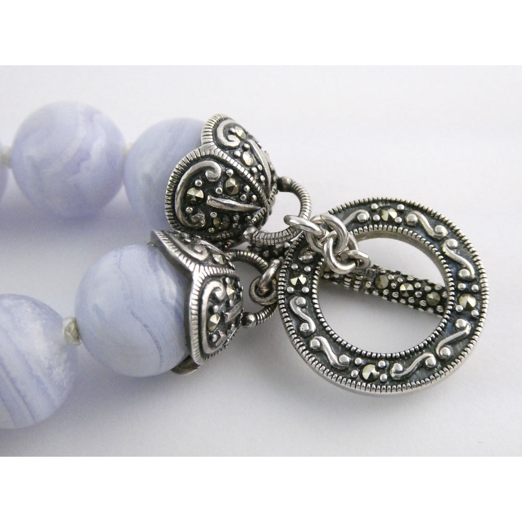 Sterling Silver Hand Knotted Blue Lace Agate Bead Strand Necklace 95g 19 Inches